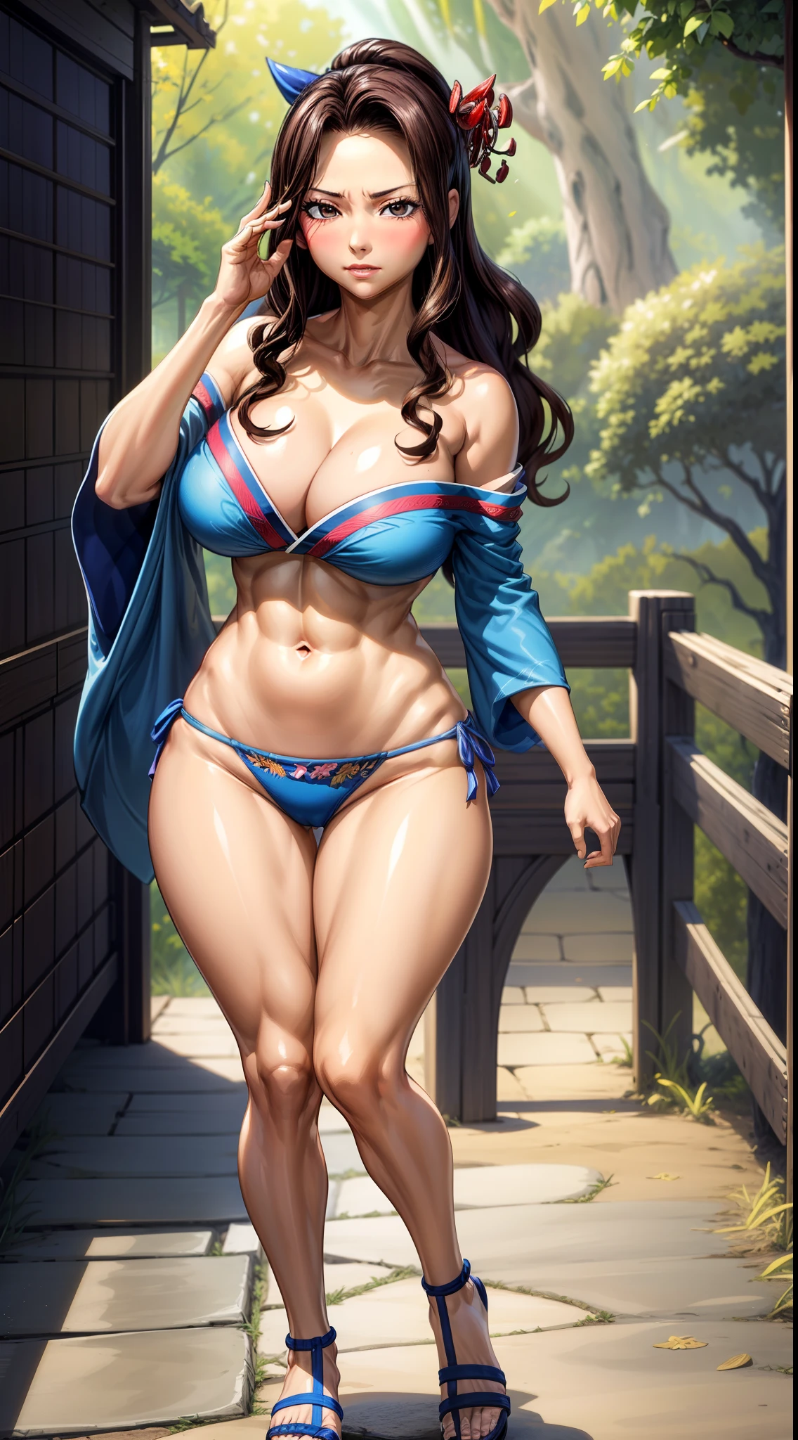 full body,eyes shining, natural light, cinematic light, realistic body, detailed body, detailed eyes, realistic face,masterpiece,cleavage,best quality, highres,fairy tail, 1girl, solo, brown hair, brown eyes, big boobies, perfect boobs, cleavage, open chest, daytime, sunlight,looking at the viewer,sexy posing,spectacular image, face blushing, full body scene, wear geisha kimono, blue flowered kimono, off shoulder, standing pose, glowing skin, detailed face, detailed eyes, Solo , alone, perfect anatomy, swollen crotch, cowboy shot, dynamic pose, Illustration of perfection, Dynamic, highly detailed, facing the viewer, lewd expression, UP POV