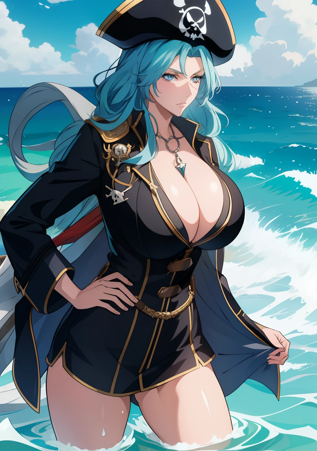 Big tits, shirt, 1girl, aqua hair color, fin ears, blue eyes, pirates coat, pirates hat, cleavage, intrincate details, detailed, masterpiece, best quality, 4K, Hdr, sea, on the water, wave, ship