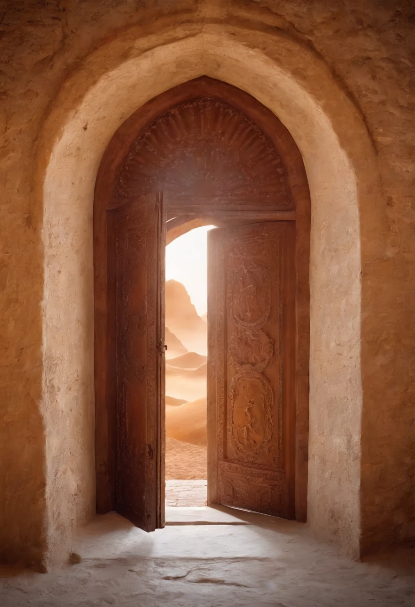 /imagine prompt: Design a heavenly-looking door, with cosmic colors that represent the vast universe, En el centro de la puerta, Engrave ancient symbols and writings that evoke a mysterious and universal language, A ambos lados de la puerta, Carving images of galaxies, estrellas y planetas en constante movimiento, Hinting at the expansion of knowledge, ultra realistec, film grain, cinematic color grading, detaile face, dramatic lighting