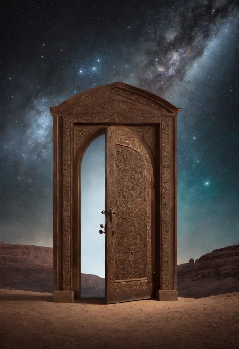 /imagine prompt: Design a heavenly-looking door, with cosmic colors that represent the vast universe, En el centro de la puerta, Engrave ancient symbols and writings that evoke a mysterious and universal language, A ambos lados de la puerta, Carving images of galaxies, estrellas y planetas en constante movimiento, Hinting at the expansion of knowledge, ultra realistec, film grain, cinematic color grading, detaile face, dramatic lighting