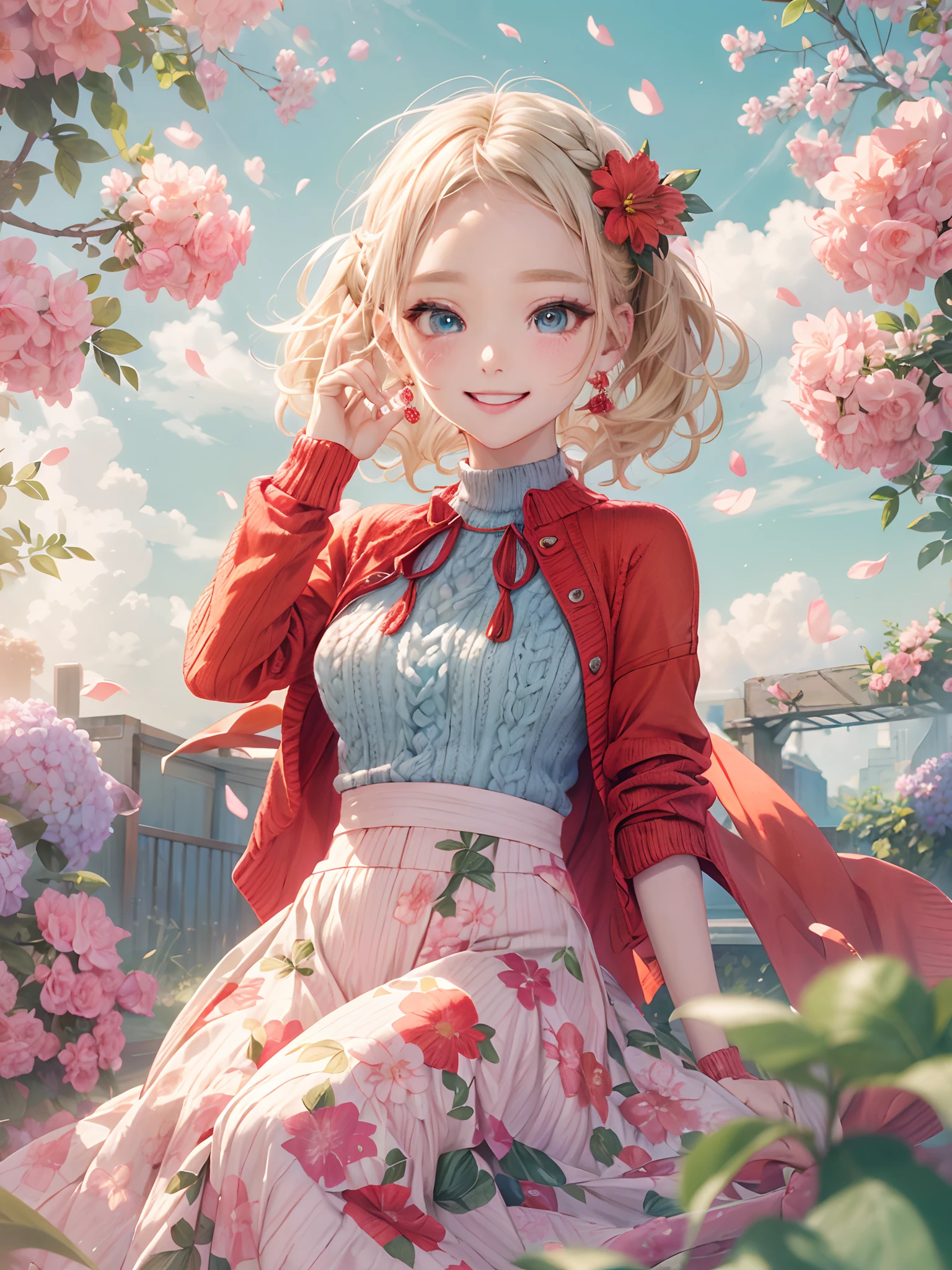 absurderes, ultra-detailliert,bright colour, extremely beautiful detailed anime face and eyes, view straight on, ;D, shiny_skin,25 years old, Short hair, (Forehead:1.3), Blonde hair with short twin tails, Shiny hair, Delicate beautiful face, red blush、(cyan eyes:1.2), White skin, hair clips, earrings, a necklace, (Red High Neck Knit:1.5),(Happy smile:1.4),(Floral long skirt:1.3),Beautiful cloud,(Pink pumps),Dusk sky,Full body