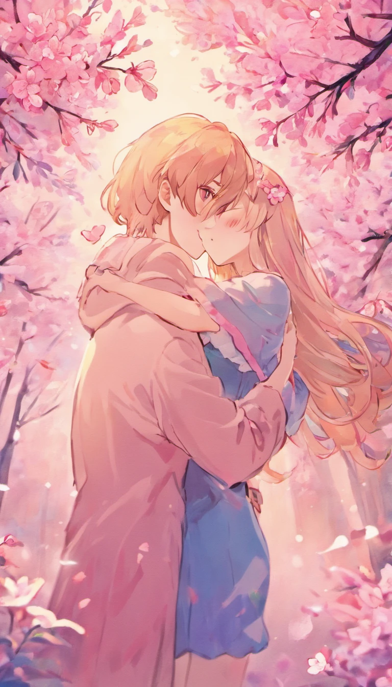 Couples embrace，The upper part of the body，A boy with，one-girl，Fluttering cherry blossoms，low-saturation，pale-blue( reasonable design, Clear lines, High sharpness,Best quality, Very detailed, Masterpiece, movie light effect, 4K )，Clear facial details，anime moe art style，soft anime，Soft anime illustration