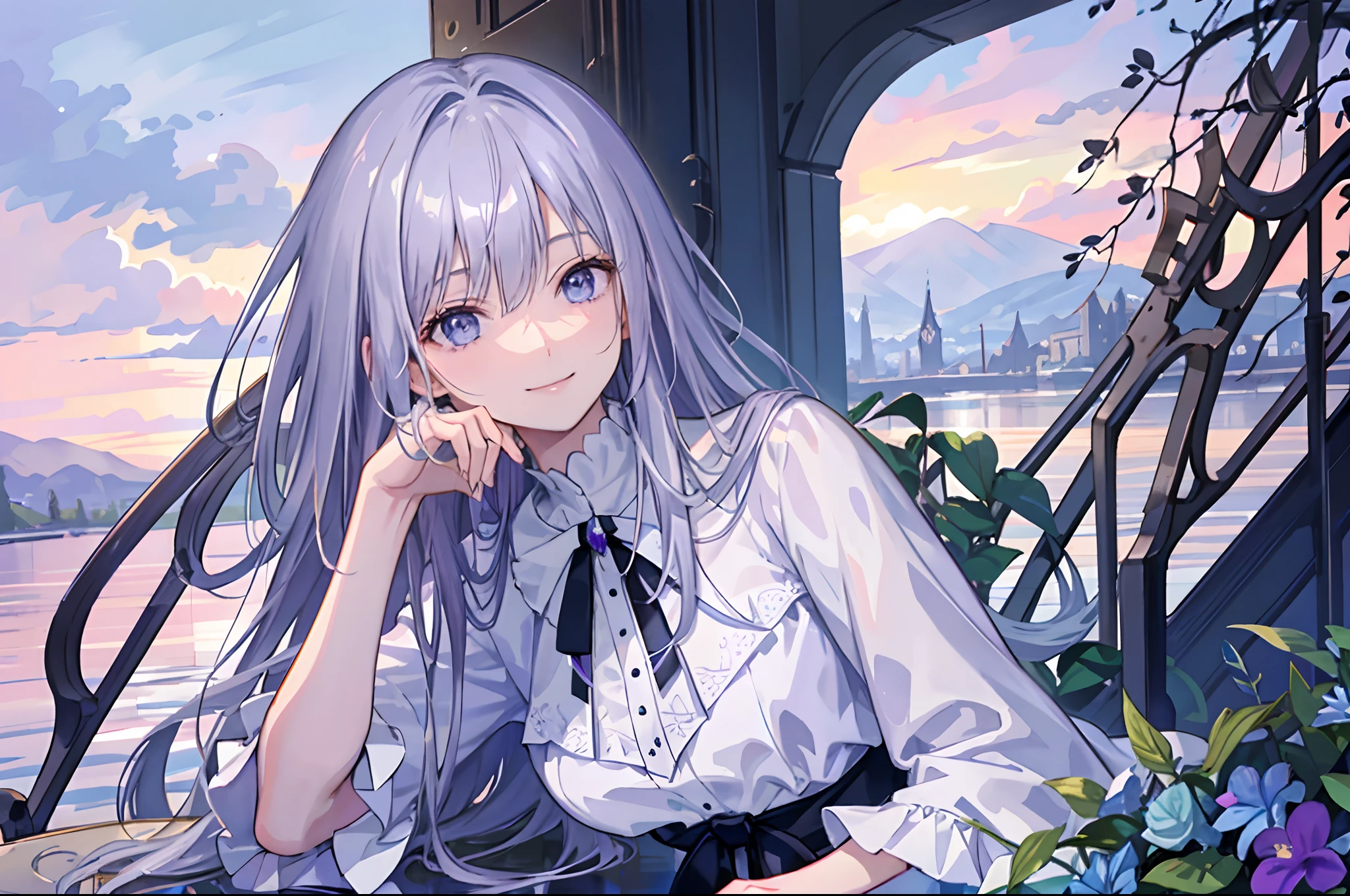 High definition RAW color art, Animation,sculptures, silver marble skin, (((Ultra detailed elegant))), Magical atmosphere, (Detailed skin, Texture (Intricately detailed, Fine detail, ultra-detailliert), Pastel color, depth of fields, Bokeh, silky touch, bright eyes, (Violet Sky, dynamic cloud), hyper detail, The ground is reflecting, Above the surface of the water, smile