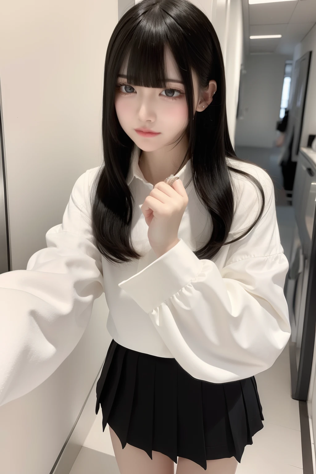 top-quality、8K、32K、masterpiece、nffsw:1.2)、1girl in、One girl、A dark-haired、Heavy bangs、long hair to the chest、Wearing a long-sleeved puff-sleeved blouse &Pleated mini-skirt、Cute clothes、White wall background、Focus on the face、Focus on the face