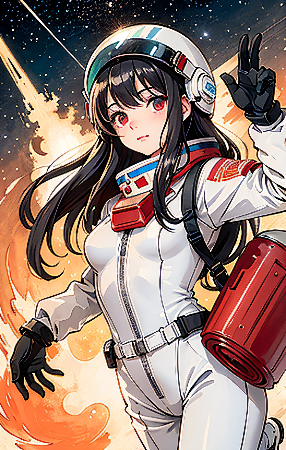 1girl, flat chested, cute, beautiful detailed eyes, shiny hair, visible through the hair, hair between the eyes, CCCPposter, sovietposter, red monochrome, Soviet poster, USSR, communism, black hair, red eyes, vampire ,girl,small breasts,spacesuit:Orange_clothing_body:jumpsuit ), white_gloves, white_space shoes, white_helmet, CCCP scarlet letters on the top of the helmet, weightlessness, Side light, reflection, the person in the spacesuit is at the bottom left of the picture, right hand outstretched, right hand Gently touch the Salyut space station), the space station in the upper right corner of the screen, the reflected light of the sun, silver metal, red flag, brilliance, Soviet style, diffuse reflection, metal texture, blue earth in the distance, mech style, star sea, high-profile, majestic