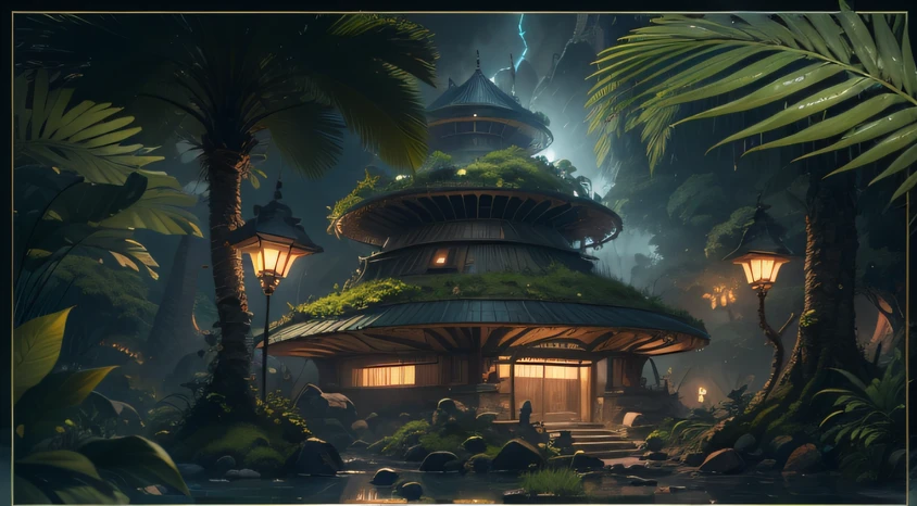 Rainforest base (Very detailed) In the midst of mountainous rainforests,There are several rainforests, Some spotlights come out of the base to illuminate dark places, (the rainforest), Some clouds in the night sky, Some of the surrounding planets provide air to unknown planets,The furthest rainforest