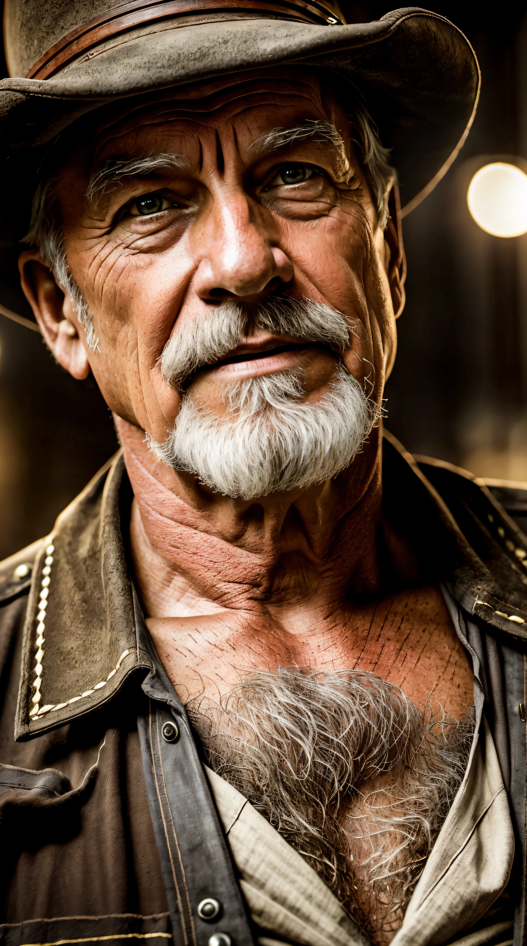 Sharpen, intaglio, hyper photorealism,closeup cleavage, Best quality, Ultra-detailed, Photorealistic 1.4, Super detailed skin, Natural hair color, (1 American man), 80-year-old,miners,(Solo),traditional garb,in a city at night