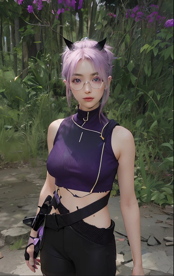 (Photorealistic:1.4), RAW photo, 1girll, Purple eyes, Purple hair, (eyewear on head), stellaron hunters outfit,  Black jacket, jacket on shoulders, shirt, Shorts, Pantyhose, Boots,deepshadow,  Detailed face, Detailed eyes, Depth of field, Bokeh, vibrant detail, finely detailed, Hyperrealistic, 35mm film, Hazy and blurry,Upper body,, Masterpiece,Ultra photo realsisim,32K,Extremely detailed Cg Unity 8K wallpaper, Best quality