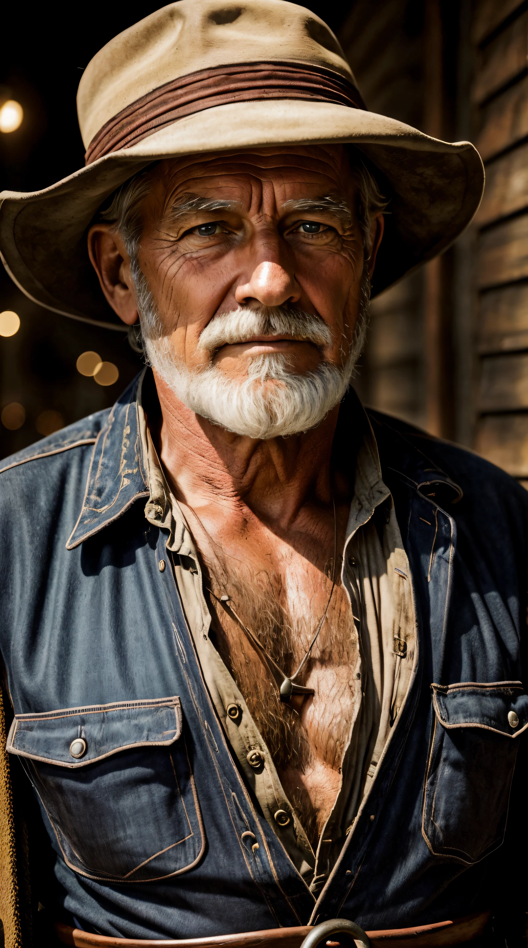Sharpen, intaglio, hyper photorealism,closeup cleavage, Best quality, Ultra-detailed, Photorealistic 1.4, Super detailed skin, Natural hair color, (1 American man), 80-year-old,miners,(Solo),traditional garb,in a city at night