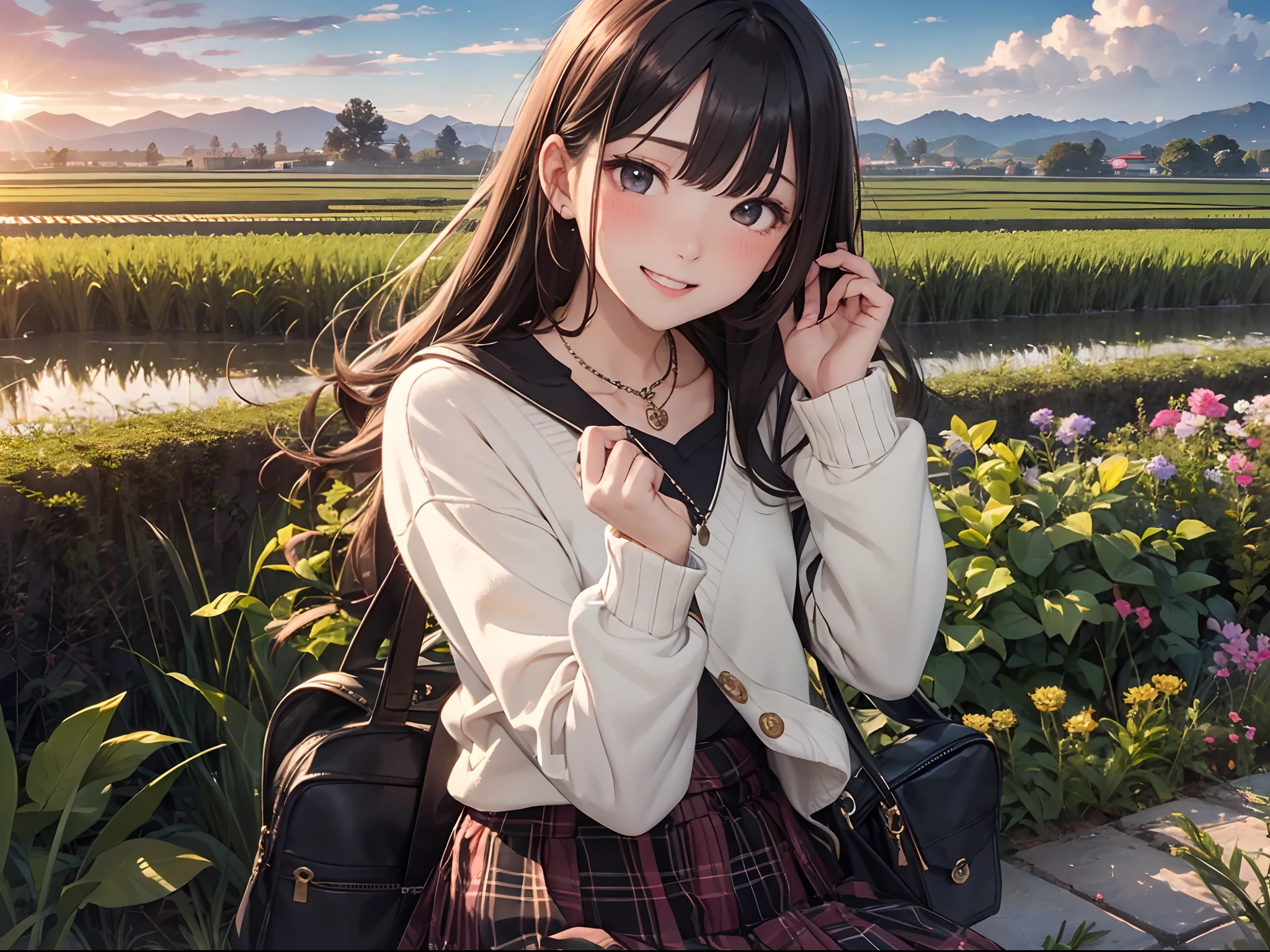 top-quality、Masterpiece、1womanl、独奏、20yr old、(closing eye:1.4)、Opens mouth and laughs、 Looking at the camera、long hair with yellow sheen、Brown cardigan、White inner、Black loafers、Argyle check skirt、blushing、Aimei、early evening、Lots of rice fields、Big sunset、Orange view、Small necklace、A flower garden