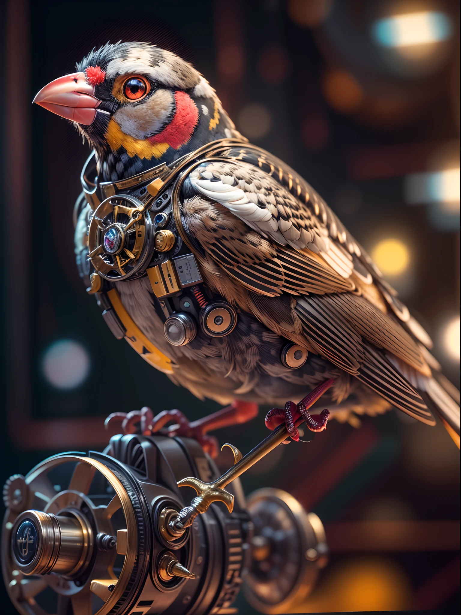 A mechanical finch, full mechanical body bird, extremely detailed, ultra detailed, detailed background, blurred background, wide angle , 24K UHD graphics, shining and glowing lit effects, full bidy mechanical finch, perfect details