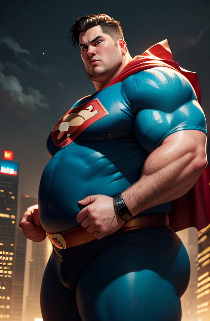 a fat superman, funny pose, very cute face, detailed face, detailed fat body, (reality: 1.4), (A hyper-realistic), (high resolution), (8K), (highly detailed), ( Best Illustration), (detailed eyes), (ultra-detailliert), Bright lighting, Professional Lighting, The background is a dark city clouds and moon.