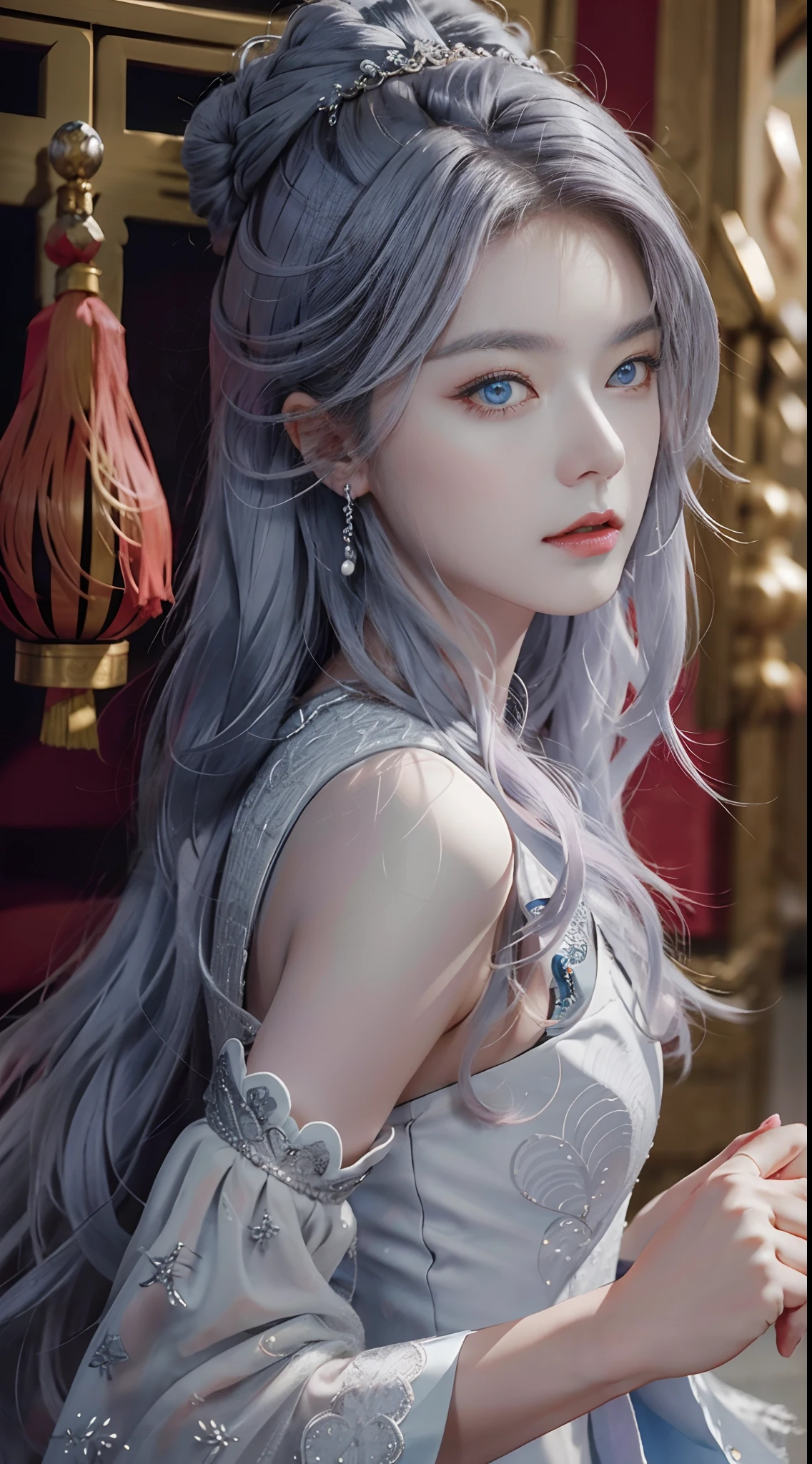 Masterpiece, Excellent, Chinese Imperial Palace, Chinese Style, Ancient China, 1 Woman, Mature Woman, Silver-White Long-Haired Woman, Gray-Blue Eyes, Pale Pink Lips, Cold, Serious, Effeminate, Bangs,