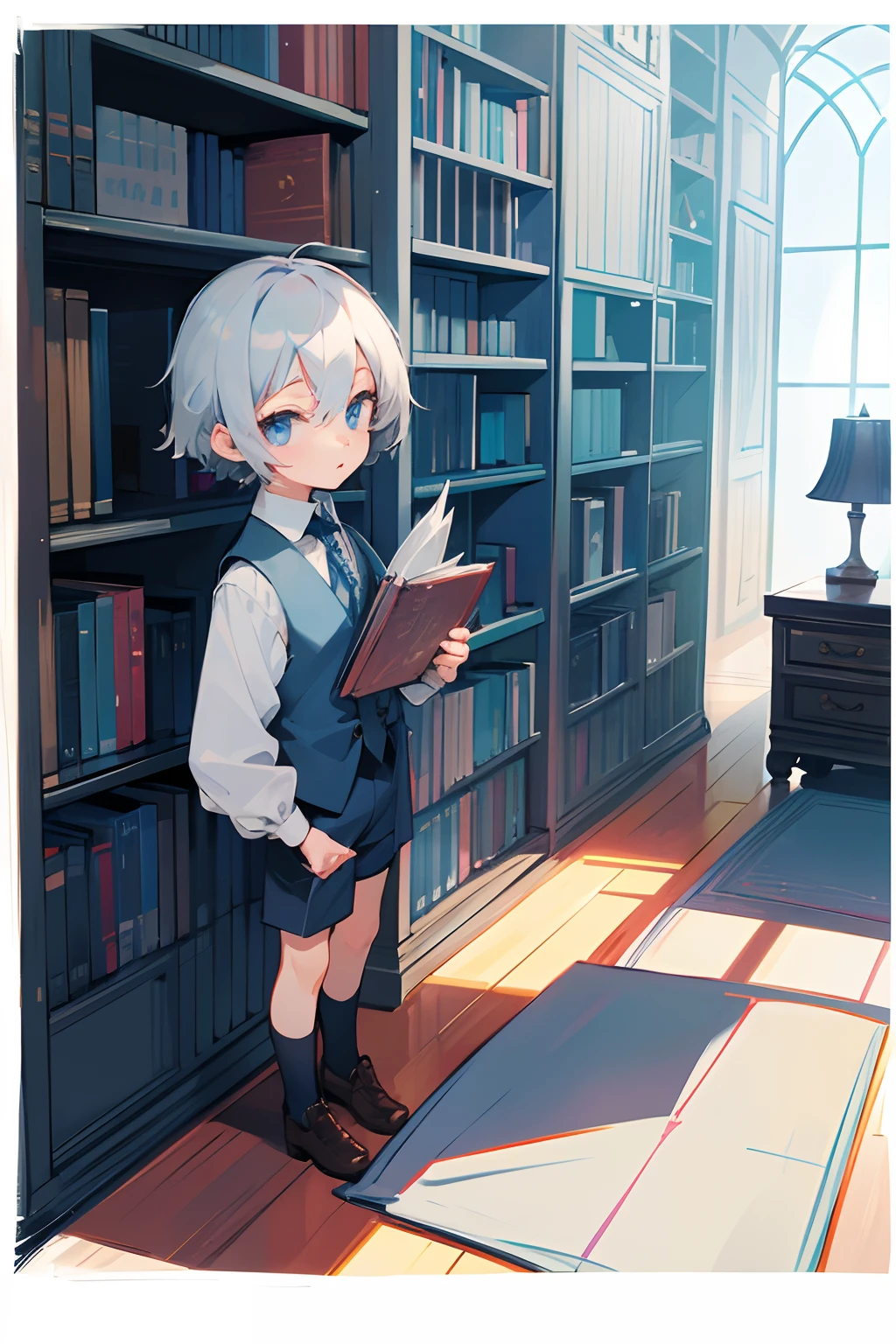 silber hair,blue eyess,short-haired,Having a book,bookcase,ren,Cute,fleeting,The shirt,vests,short pants,gotik,male child,mascot,