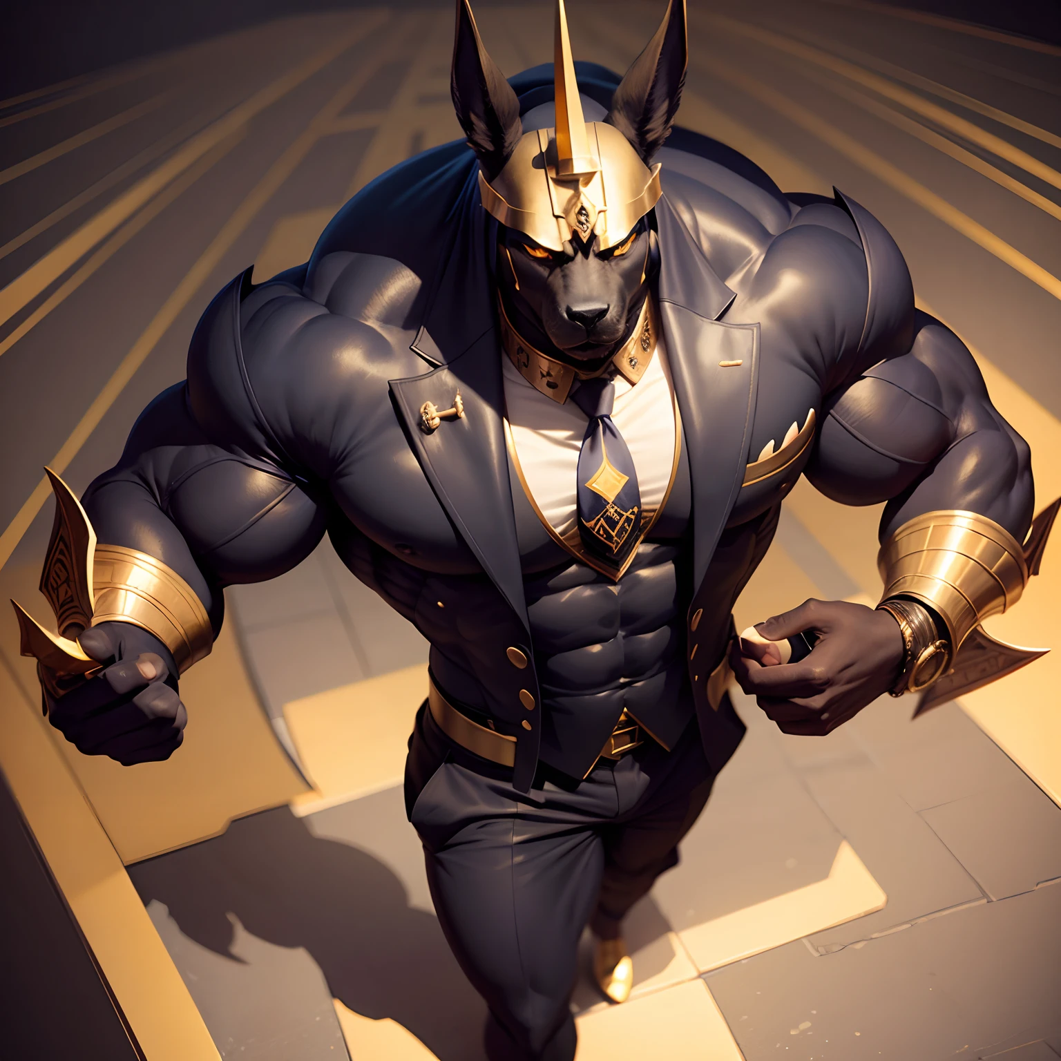 Anubis the egyptian god muscled with huge torso , huge arms ,huge pecs , huge lesgs , in suit with a tie like bodyguard outfit , full body