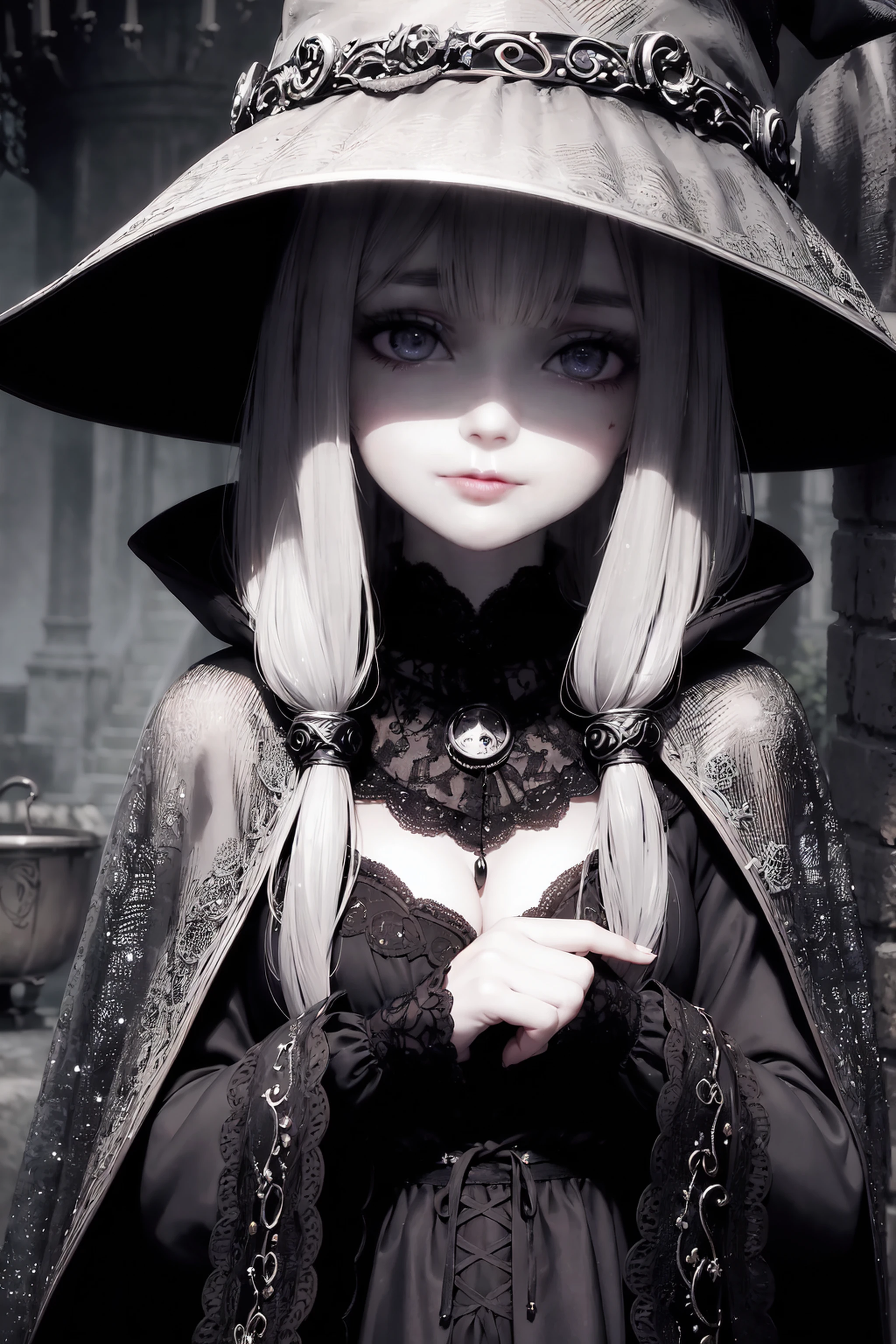 best quality,ultra-detailed,detailed facial features,beautiful detailed eyes,beautiful detailed lips,extremely detailed eyes and face,long eyelashes,dark magic,cauldron and potions,black cat,flying broomstick,dark and mysterious aura,witch hat and cloak,hazy moonlight,haunting shadows,dramatic lighting,witchcraft,spellcasting,enchanted garden background,moonlit sky,gloomy atmosphere,dark fantasy,occult,witchy vibes,sinister charm,nighttime scene,ominous presence,magic spells,potion brewing,cackling laughter,mystical ambiance,witch's familiar,foggy mist,ethereal beauty,dark arts,enchanted forest,arcane symbolism.