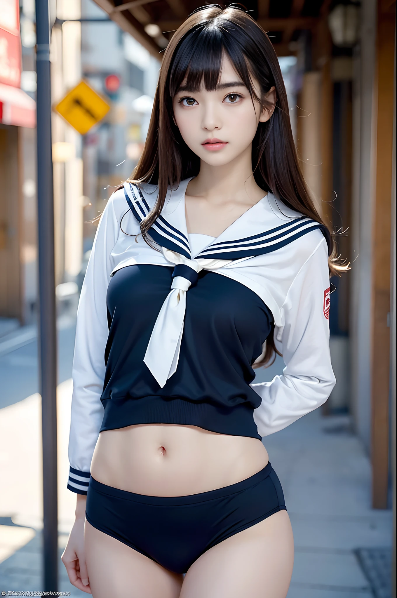 (​masterpiece:1.3), (8K, Photorealsitic, Raw photography, Top image quality: 1.4), japanes, (1girl in), beauitful face, (Lifelike face), Beautiful hairstyle, realisticeyes, Eyes in Beautiful Details, (real looking skin), Beautiful skins, enticing, 超A high resolution, A hyper-realistic, high detailing, the golden ratio, (Detal Face:1.2), see the beholder,masutepiece, Best Quality, Ultra-detailed, finely detail, hight resolution, Composition of the whole body、Open Legs Pose、Bold legs open、Beautiful detailed eyes, fitness wear, Natural Color Lip,Photorealsitic、realisitic、独奏、Photorealsitic、top-quality、extra detailed face、extremely detailed eye and face、beatiful detailed eyes、absurderes、incredibly absurdness、hair messy、Floating hair、Brown hair、Wavy hairstyle、Middle hair、(extremely details CG、8K Picture Wallpaper)、(extremely delicate and beautiful)、(​masterpiece)、(top-quality:1.0)、(超A high resolution:1.0)、beautiful  lighting、perfect lightning bolt、realistic shadow、[hight resolution]、Detailed skin、ultra-detailliert、detailed faces and eyes、Realistic eyes、Sharp pupils、beauitful face、plein air、Downtown Japan、In the hustle and bustle、blurry backround、shinny skin、Blunt bangs、Red Eye、(Sailor Suit 1.2)、Sailor suits have long sleeves、Super high quality photos, The 8k quality, Outdoors, Full body composition, looking in camera, Japan 20-year-old woman, Perfect beauty, Pore-visible texture, Perfect facial features, clear bare skin, clear bare skin, Beautiful toned body, muscular, slender, Poor breasts, Toned buttocks with small breasts、small ass、 Sailor Bloomers、Bloomers (Bloomers in Japan School, Seamless design, Monochromatic bloomers, Bloomers are dark red, tight fitted、Bloomers are elastic fabrics、The length of the bloomer is from the navel３ｃｍThe following degrees, )Legs wide open、、deadpan、(Face turned to the side、)