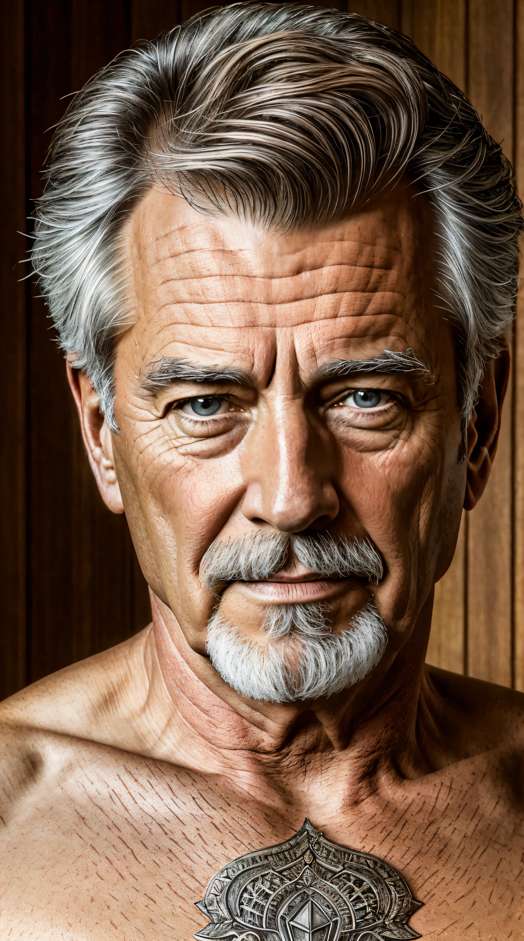 John Glover, An elder with a long beard and white hair, collar dog leather, with a serene face wrinkles, looking producing, body older weak, skinny bones hairy, body naked, his shirt was open to reveal his stomach wrinkles older hairy weak and chest, arms legs neck hands feet skinny old and weak, shy and blushed, Lying in the bath swimming pool,master-piece,4K images,beste-Qualit
