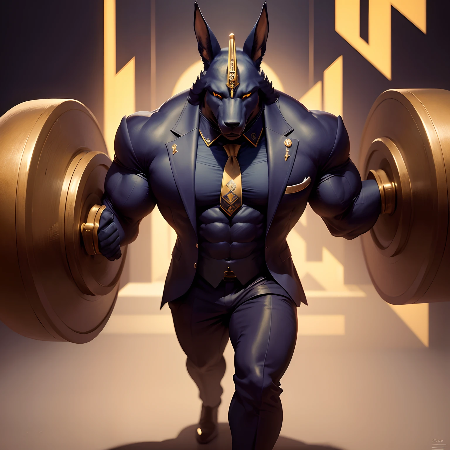 Anubis the egyptian god muscled  with huge torso , huge arms ,huge  pecs , huge lesgs , in suit with a tie like bodyguard outfit ,  full body