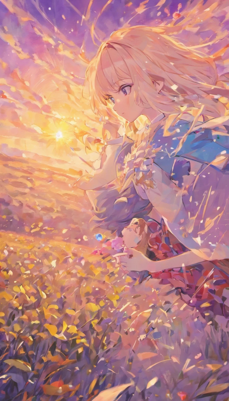 Couples look at each other,The upper part of the body,A boy with,one-girl,Lavender fields,low-saturation,pale-blue( reasonable design, Clear lines, High sharpness,Best quality, Very detailed, Masterpiece, movie light effect, 4K ),Clear facial details,anime moe art style,soft anime,Soft anime illustration
