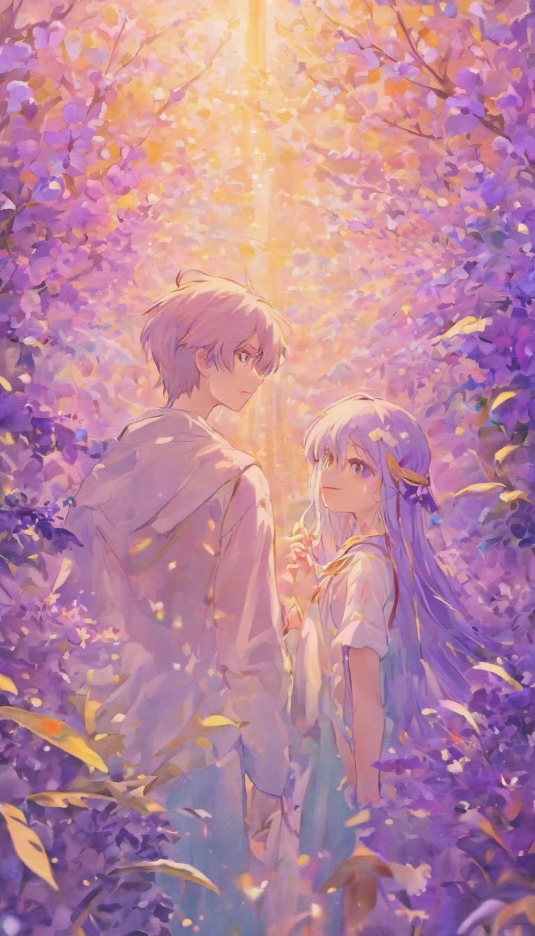 Couples look at each other,The upper part of the body,A boy with,one-girl,Lavender fields,low-saturation,pale-blue( reasonable design, Clear lines, High sharpness,Best quality, Very detailed, Masterpiece, movie light effect, 4K ),Clear facial details,anime moe art style,soft anime,Soft anime illustration
