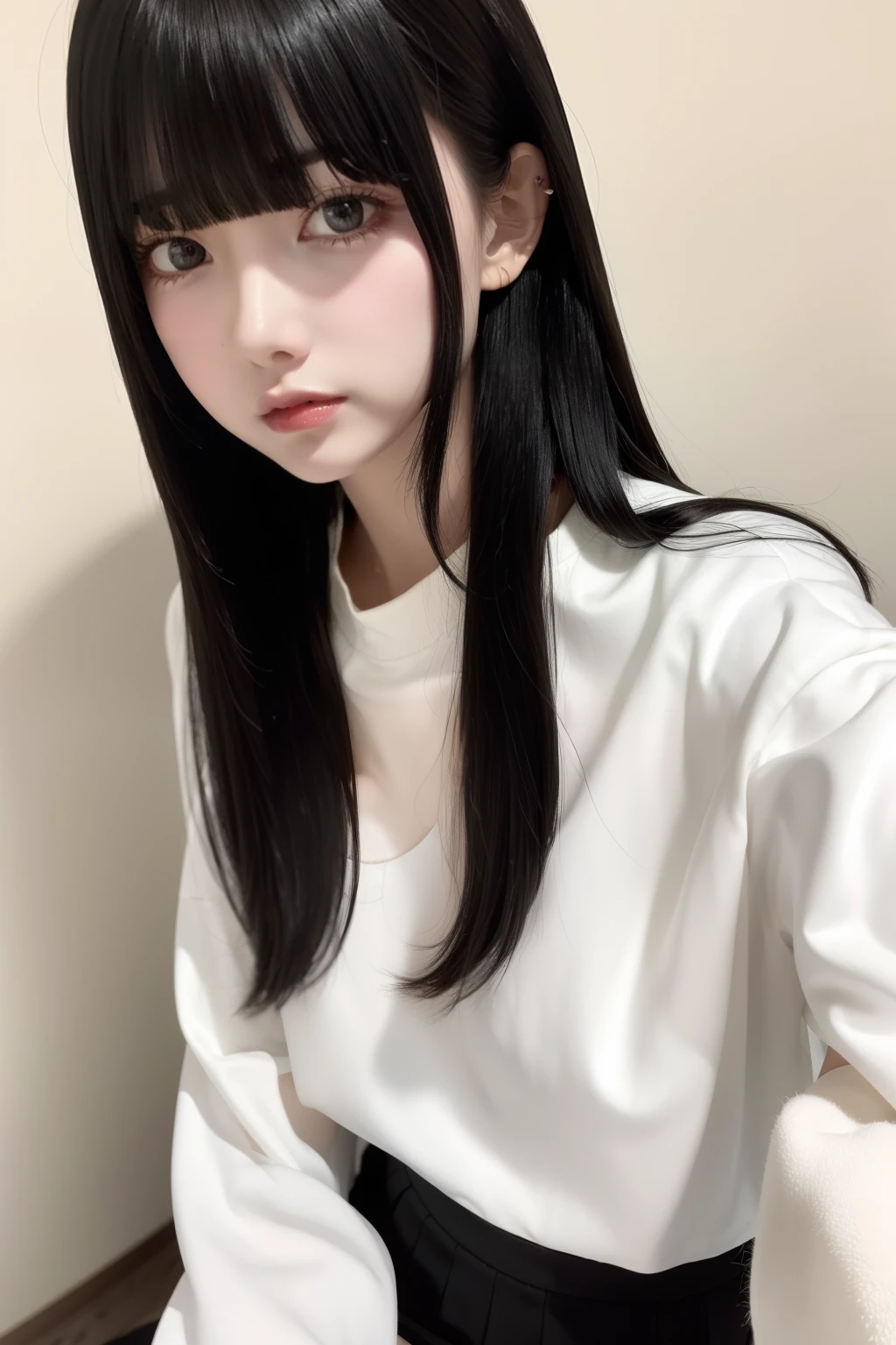 top-quality、8K、32K、masterpiece、nffsw:1.2)、1girl in、One girl、A dark-haired、Heavy bangs、long hair to the chest、Wearing a long-sleeved puff-sleeved blouse &Pleated mini-skirt、Cute clothes、White wall background、Focus on the face、Focus on the face