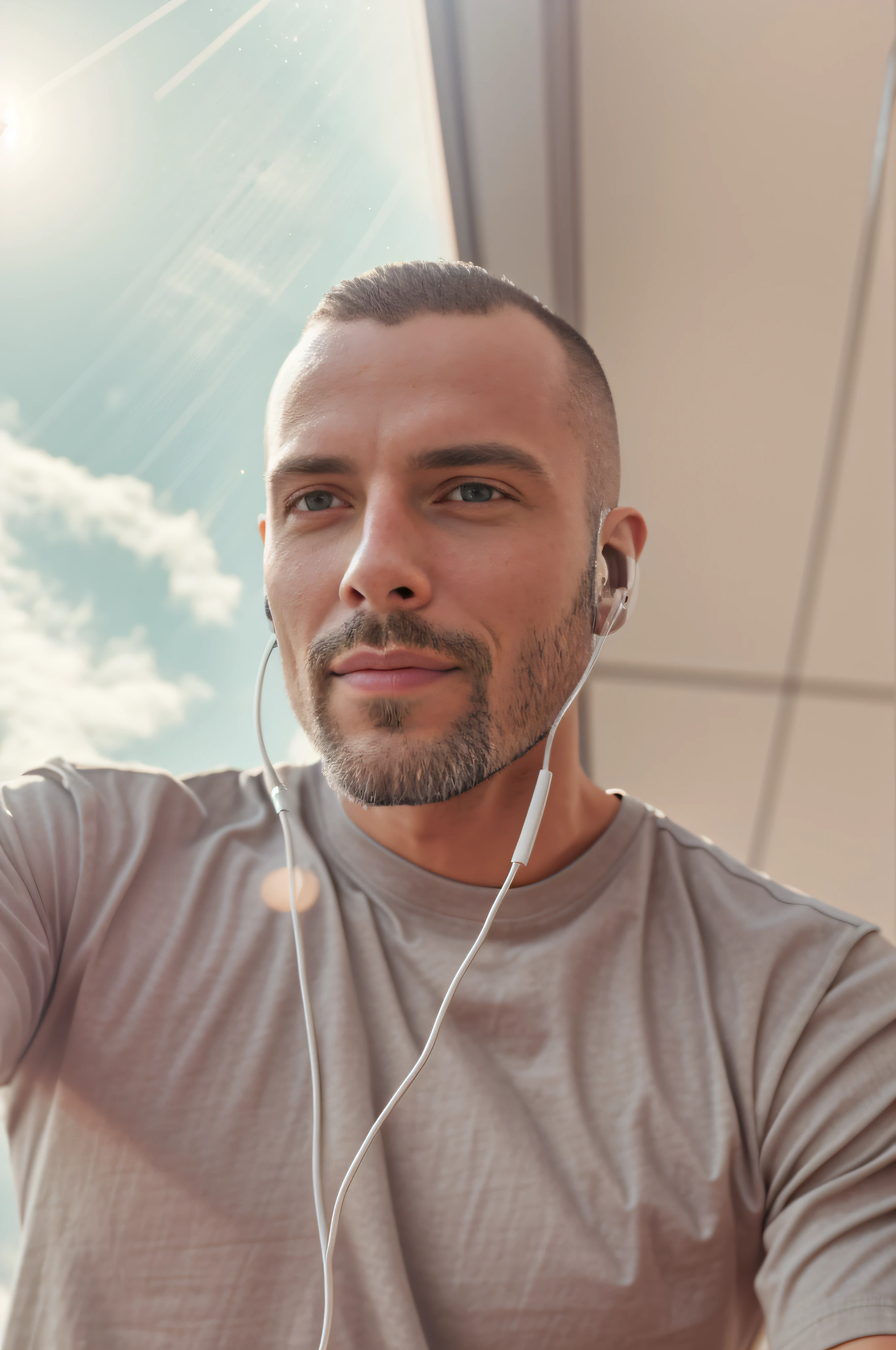 There is a man, Who listens to music with headphones, selfie photography 8k, gray t-shirt, Grey clothes