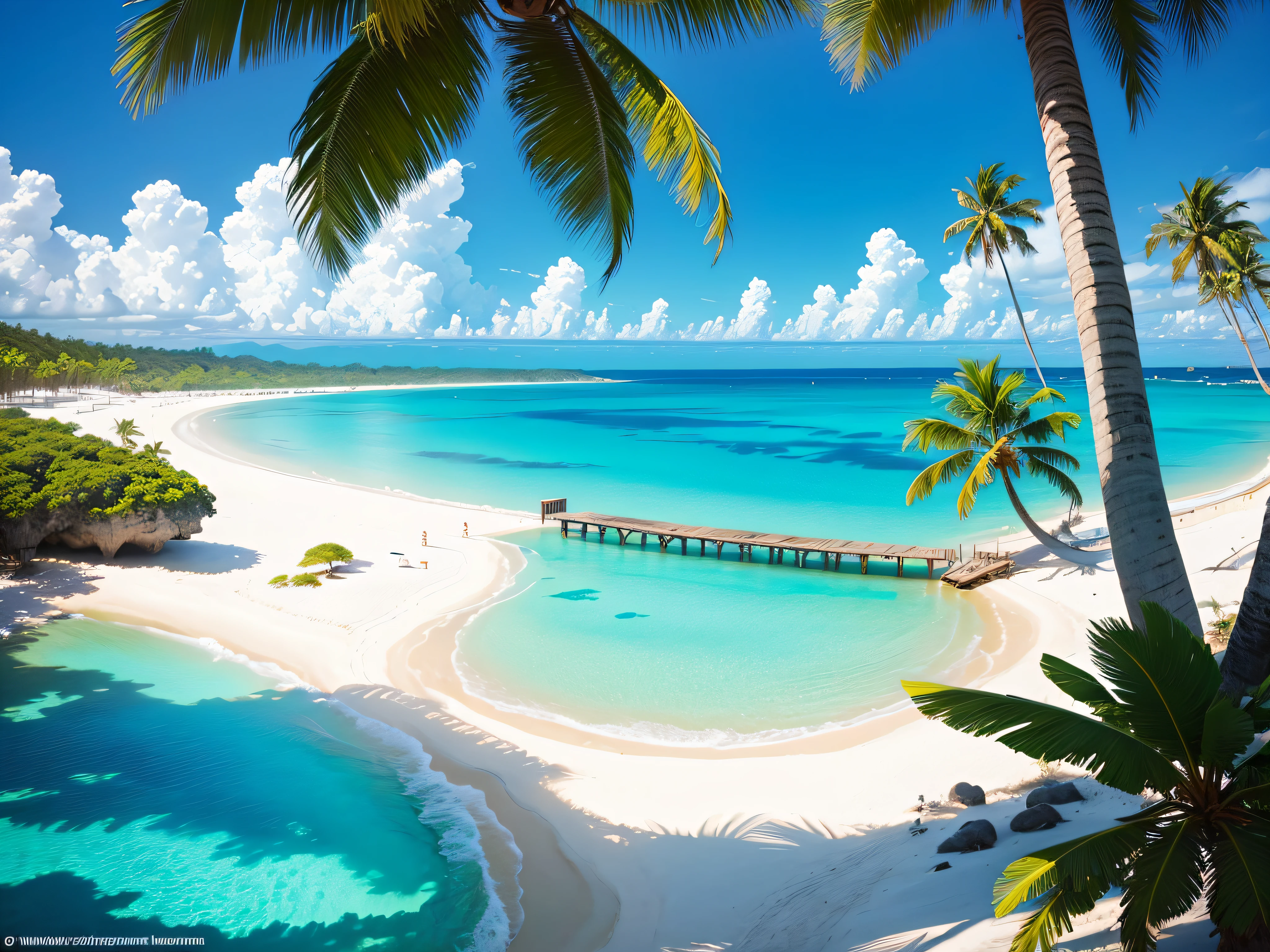 Tropical Paradise Beach: White sandy beaches, palm trees swaying in the breeze, crystal-clear turquoise waters, and vibrant marine life.