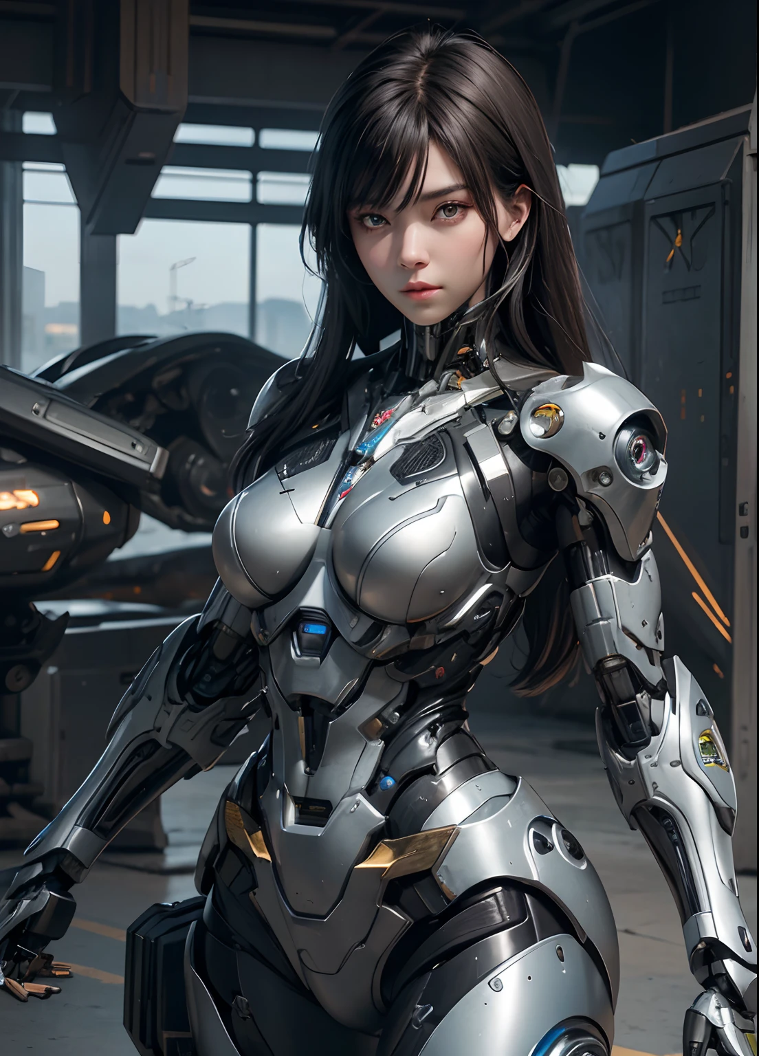 Textured skin, Super Detail, high details, High quality, Best Quality, hight resolution, 1080p, hard disk, Beautiful,(cyborgs),Boob missiles,Machine gun from your fingertips,beautiful cyborg woman,Mecha Cyborg Girl,Battle Mode,Girl with a Mecha Body,Fulll body Shot
