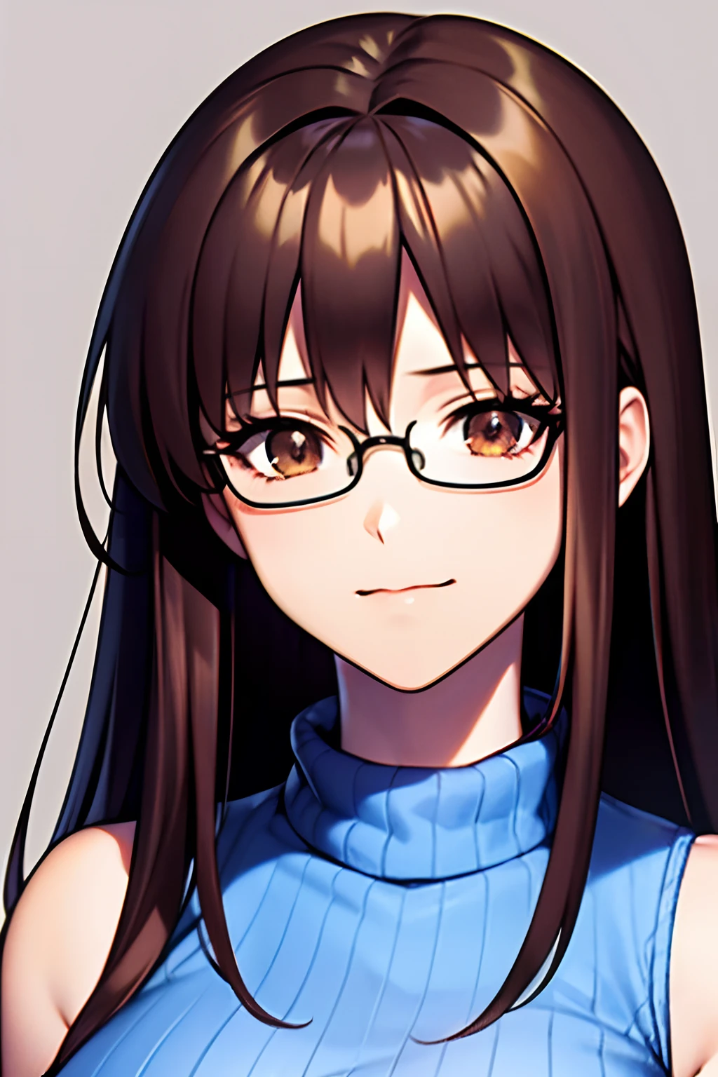 Akiha tohno \(tsukihime\), akiha tohno, tsukihime, (masutepiece, Highest Quality), Beautiful and aesthetic, 1girl, Idol, Elegant, (), dark brown hair, Portrait, ldightsmile, (Sleeveless knitwear), Entire upper body, Simple background, big round retro glasses