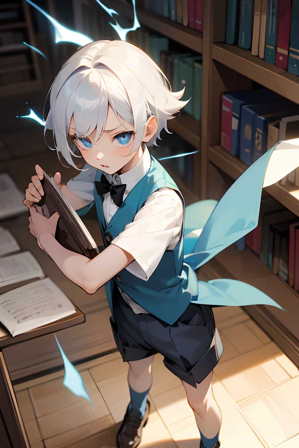 silber hair,blue eyess,short-haired,Having a book,bookcase,ren,Cute,fleeting,The shirt,vests,Short pants,gotik,Male ,attacking magic,