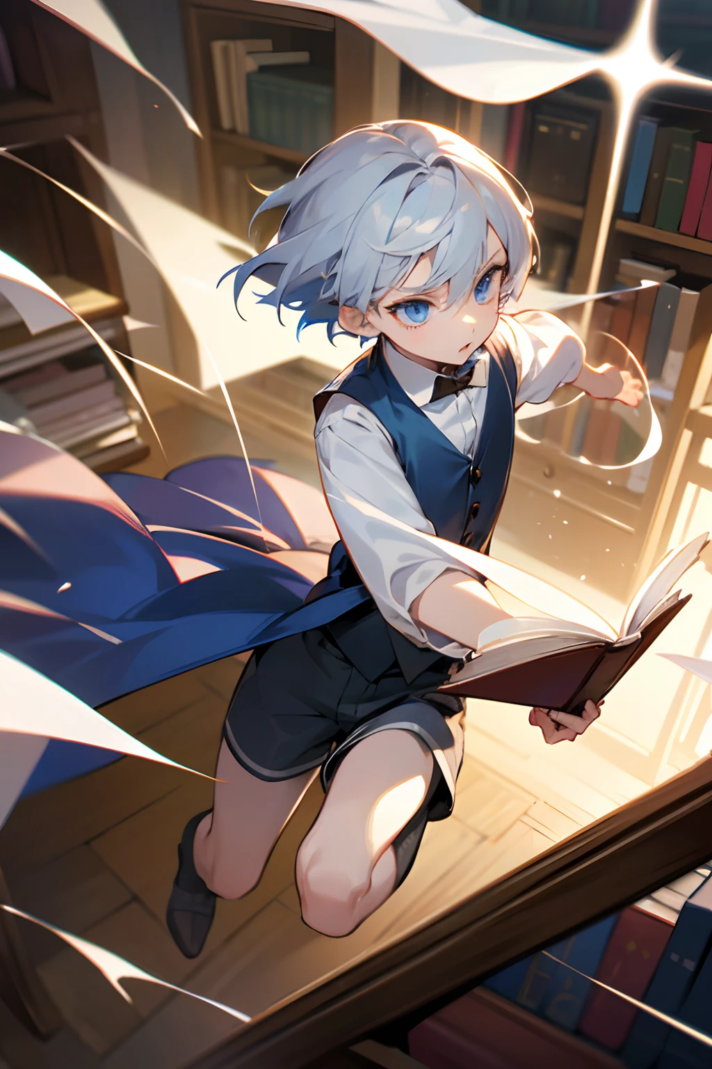silber hair,blue eyess,short-haired,Having a book,bookcase,ren,Cute,fleeting,The shirt,vests,Short pants,gotik,Male ,attacking magic,