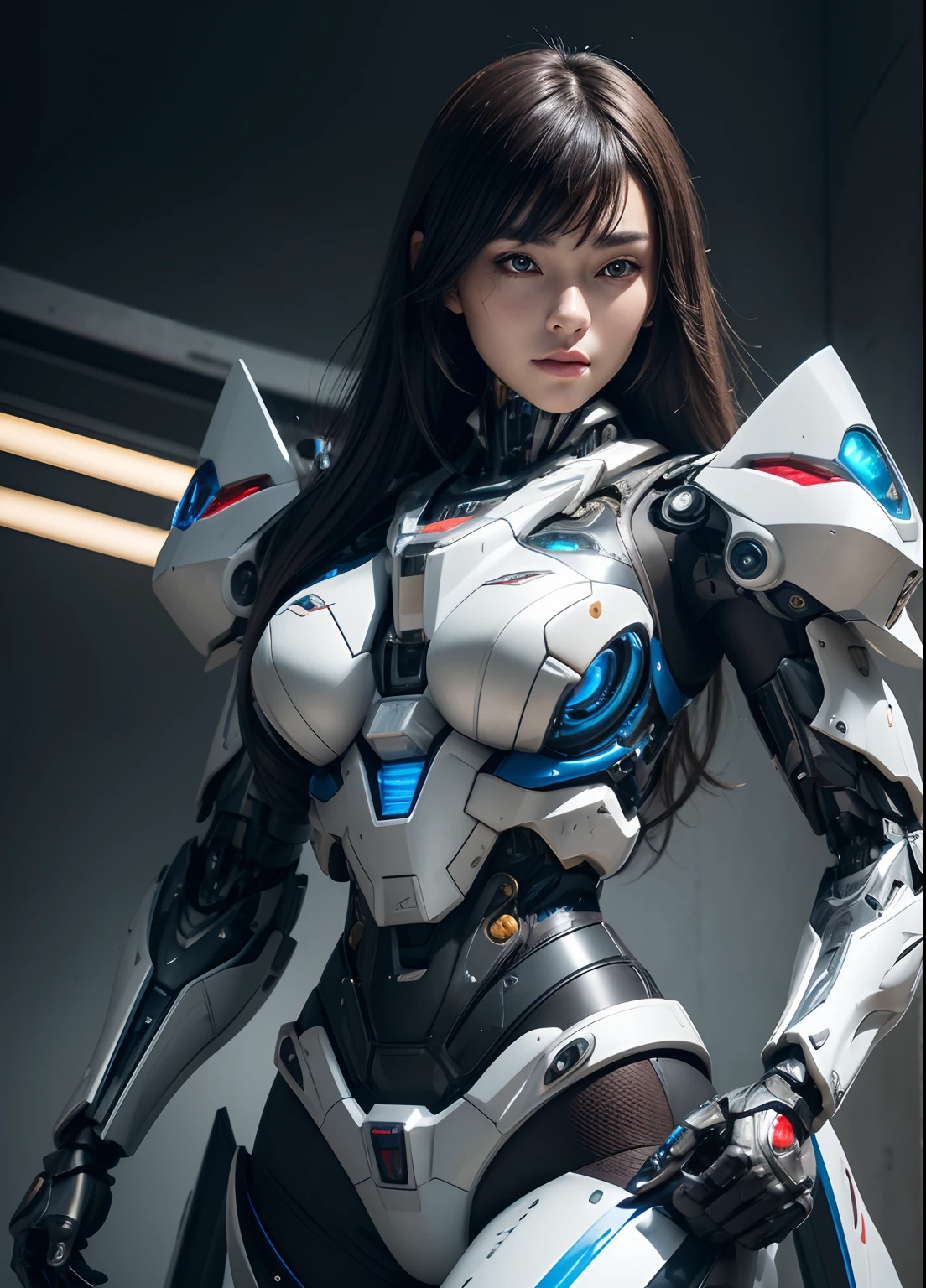 Textured skin, Super Detail, high details, High quality, Best Quality, hight resolution, 1080p, hard disk, Beautiful,(cyborgs),beautiful cyborg woman,Mecha Cyborg Girl,Battle Mode,Girl with a Mecha Body,You can launch missiles from the chest,You can shoot a machine gun from both hands