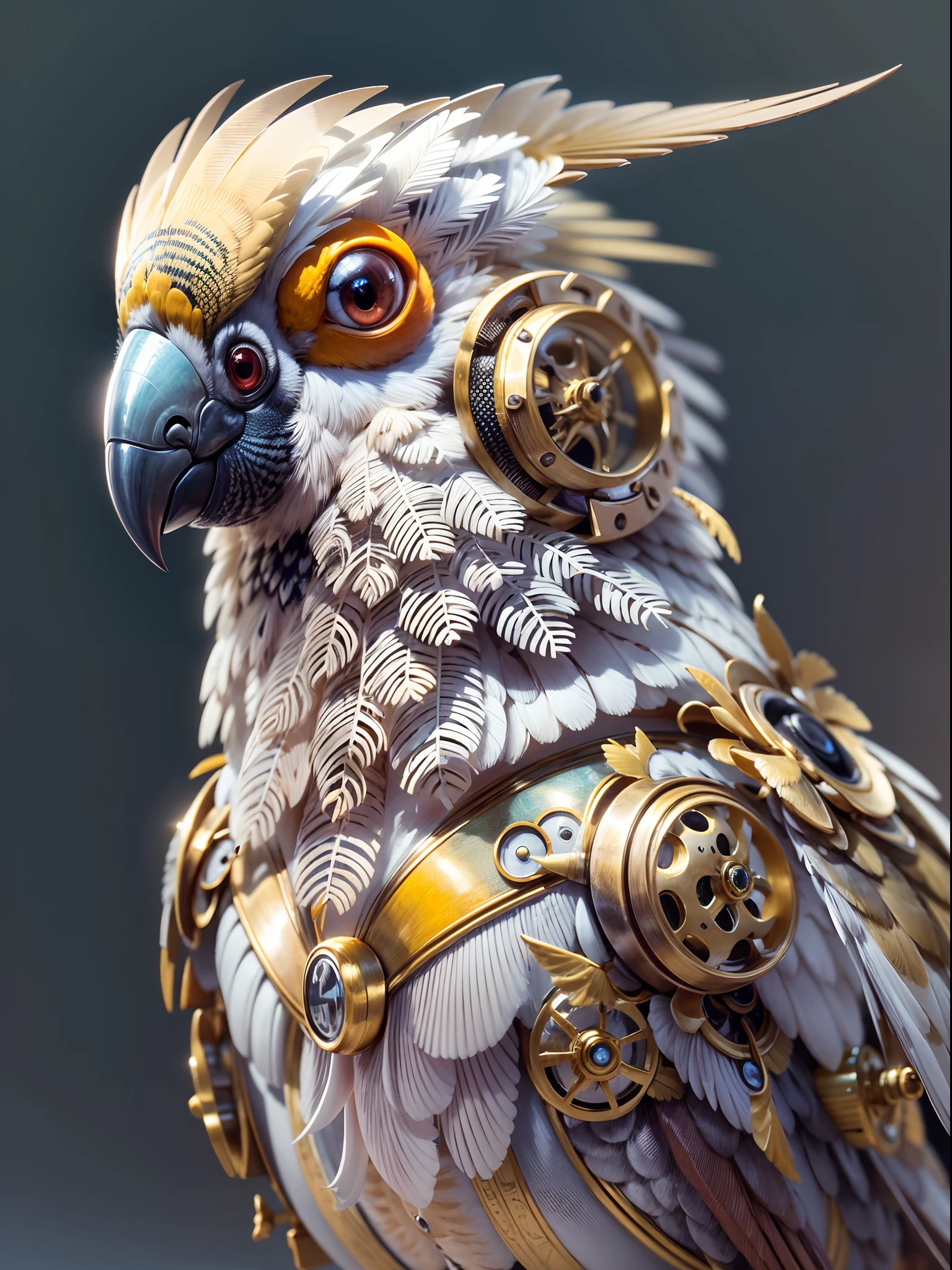 A mechanical cockatiel, full mechanical body bird, extremely detailed, ultra detailed, detailed background, blurred background, wide angle , 24K UHD graphics, shining and glowing lit effects, full bidy mechanical body cockatiel, perfect details