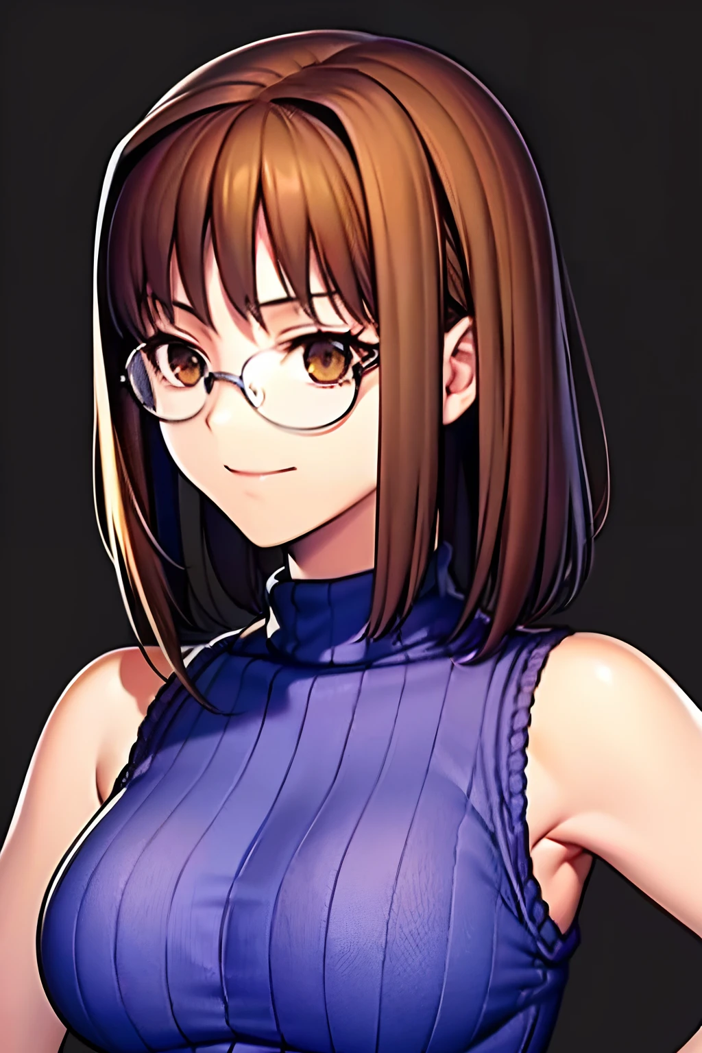 Akiha tohno \(tsukihime\), akiha tohno, tsukihime, (masutepiece, Highest Quality), Beautiful and aesthetic, 1girl, Idol, Elegant, (), medium hair, dark brown hair, Portrait, ldightsmile, (Sleeveless knitwear), Entire upper body, Simple background, big round retro glasses