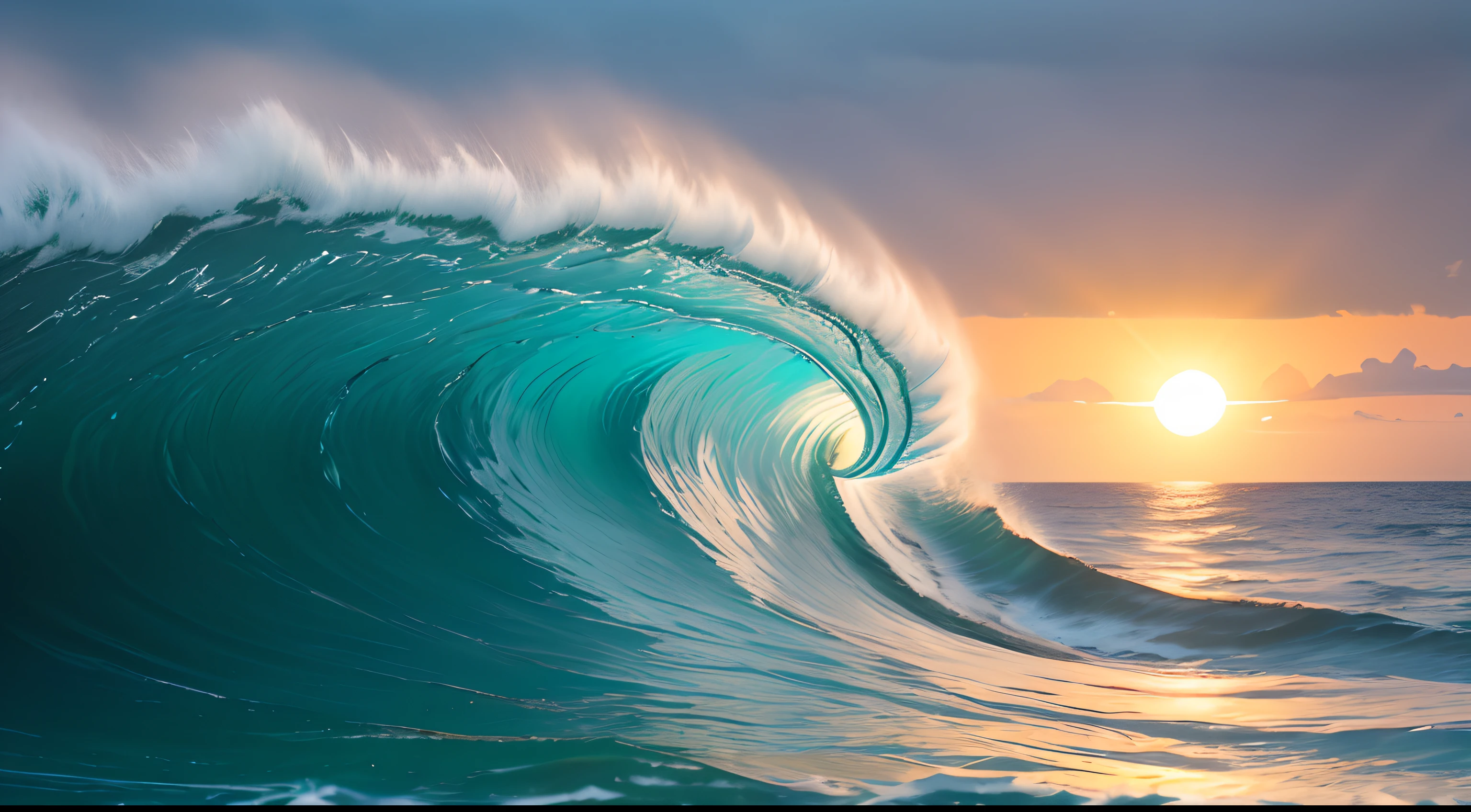 Side view of tubing waves with sun in background in cinematic evening light, turquoise waters