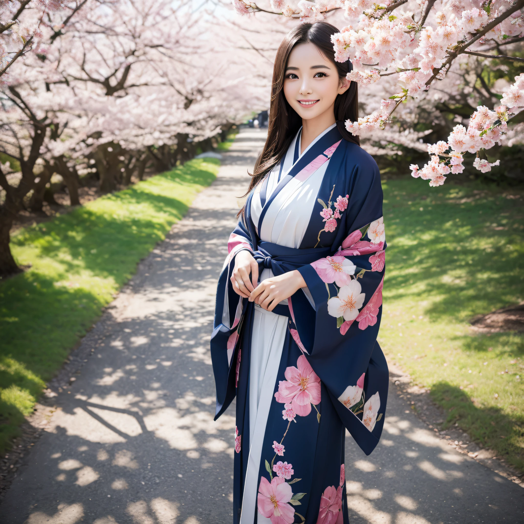 (Super beautiful woman in kimono)、((best qualtiy、8k masterpieces:1.3))、foco nítido:1.2、(ultra beautiful faces:1.0)、(shinny skin:1.0)、photos realistic、A dark-haired、Video Lighting、High-definition eyes and face、Video Lighting、Japanese actressl、from the front side、medium breasts、With a happy smile、Slender Abs Beauty、Whole body、wearing kimonos、On a hill with dancing cherry blossoms