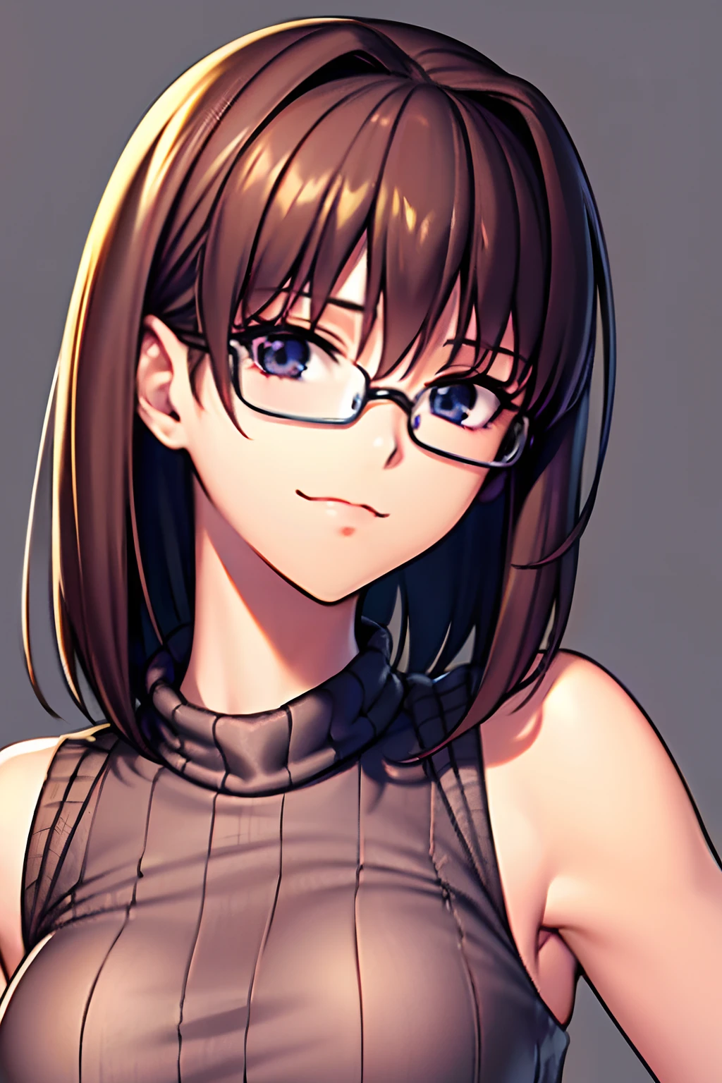 Akiha tohno \(tsukihime\), akiha tohno, tsukihime, (masutepiece, Highest Quality), Beautiful and aesthetic, 1girl, Idol, Elegant, (), medium hair, dark brown hair, Portrait, ldightsmile, (Sleeveless knitwear), Entire upper body, Simple background, big round retro glasses