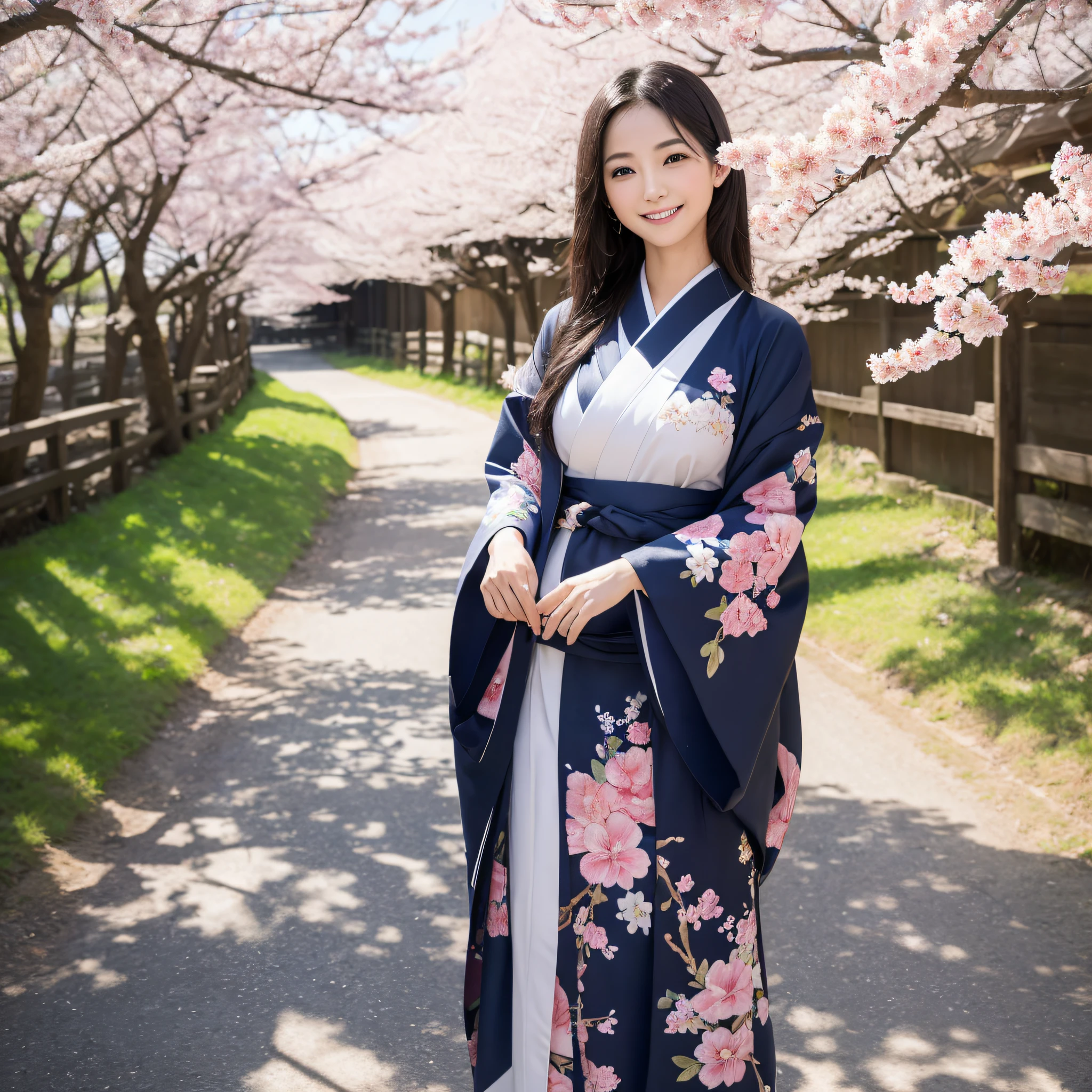 (Super beautiful woman in kimono)、((best qualtiy、8k masterpieces:1.3))、foco nítido:1.2、(ultra beautiful faces:1.0)、(shinny skin:1.0)、photos realistic、A dark-haired、Video Lighting、High-definition eyes and face、Video Lighting、Japanese actressl、from the front side、medium breasts、With a happy smile、Slender Abs Beauty、Whole body、wearing kimonos、On a hill with dancing cherry blossoms