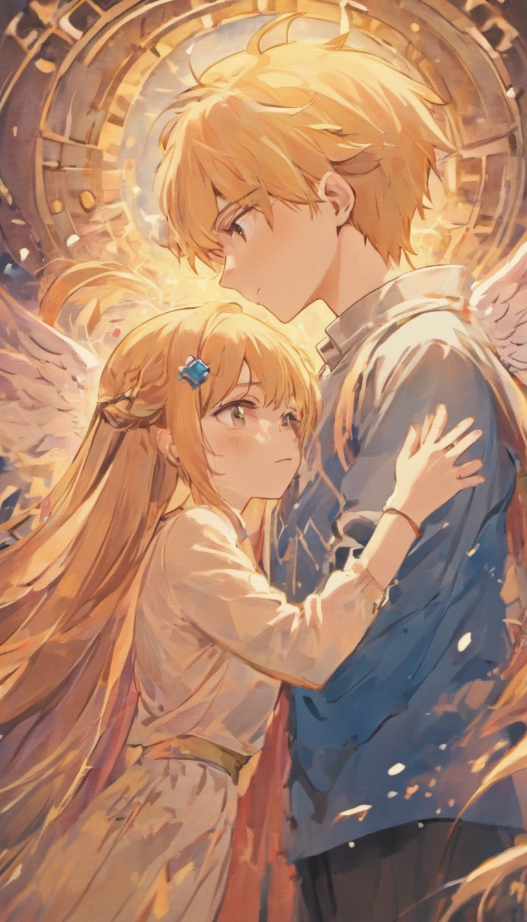 Couples look at each other，The upper part of the body，A boy with，one-girl，low-saturation，pale-blue( reasonable design, Clear lines, High sharpness,Best quality, Very detailed, Masterpiece, movie light effect, 4K )，Clear facial details，anime moe art style，soft anime，Soft anime illustration