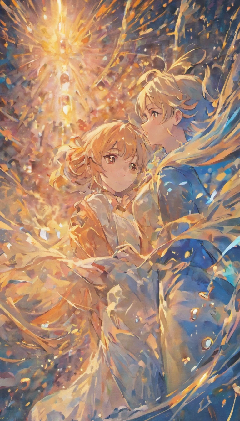 Couples look at each other,The upper part of the body,A boy with,one-girl,low-saturation,pale-blue( reasonable design, Clear lines, High sharpness,Best quality, Very detailed, Masterpiece, movie light effect, 4K ),Clear facial details,anime moe art style,soft anime,Soft anime illustration