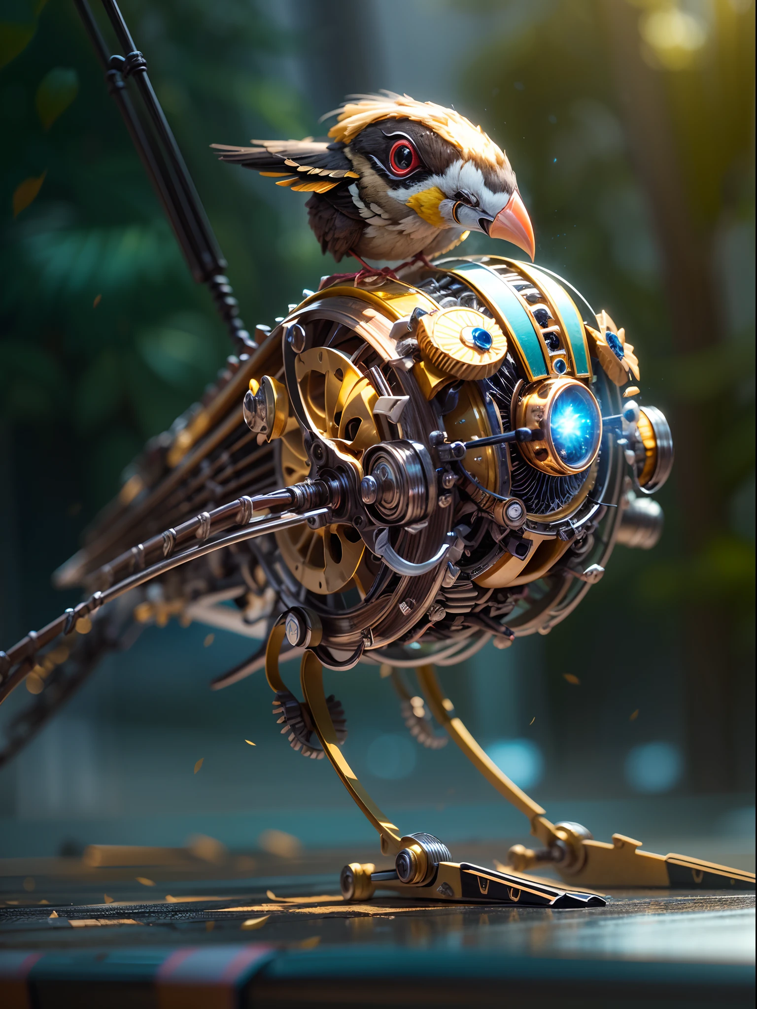 A mechanical sparrow, full mechanical body, extremely detailed, ultra detailed, detailed background, blurred background, wide angle , 24K UHD graphics, shining and glowing lit effects, full bidy mechanical sparrow, two legs, perfect details