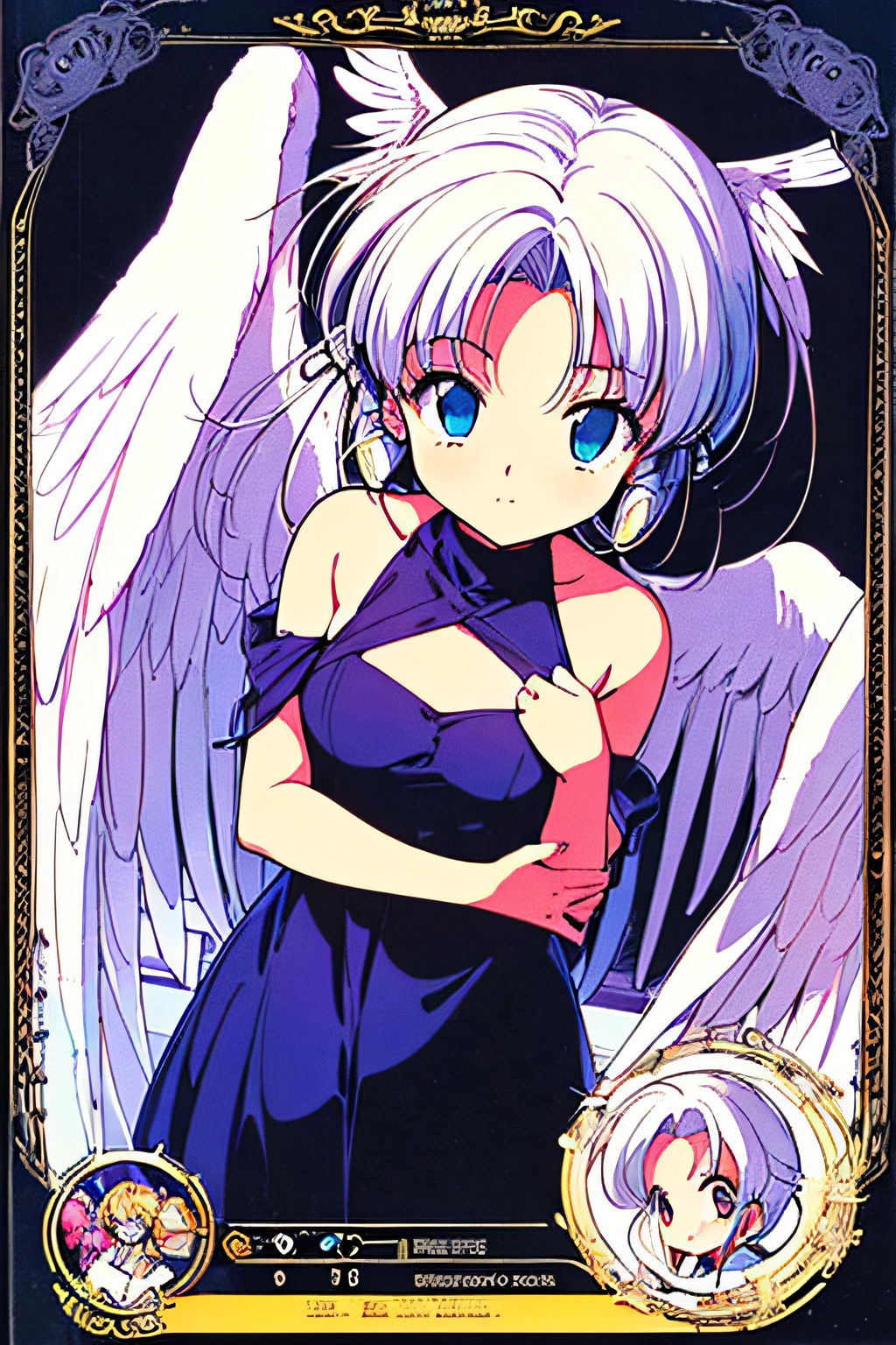 Heroine of novel games、((Face Up))、white hair、((angelicales))、(((Angel wings)))、(((Circle of Angels)))、cute little、a beauty girl、(((1990s novel games)))、((((serial experiments lain風))))、((Standing pictures for novel games))、((Active))