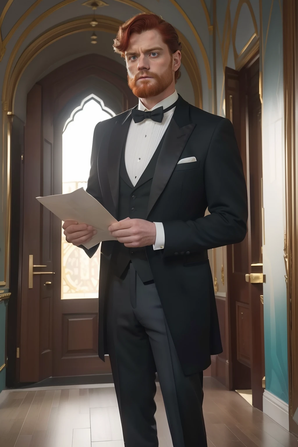 year: 2023. Location: Scotland. Pre-Raphaelite scene with a 50-year-old Matthew Daddario, redhead, wearing a tuxedo gala frac, inside a castle, holding a parchment roll, ((menacing look)) ((((gala Clothing from the 2020s)))) ((Hairstyle of the 2020s)), pastel colors, (((cinematic style)))
