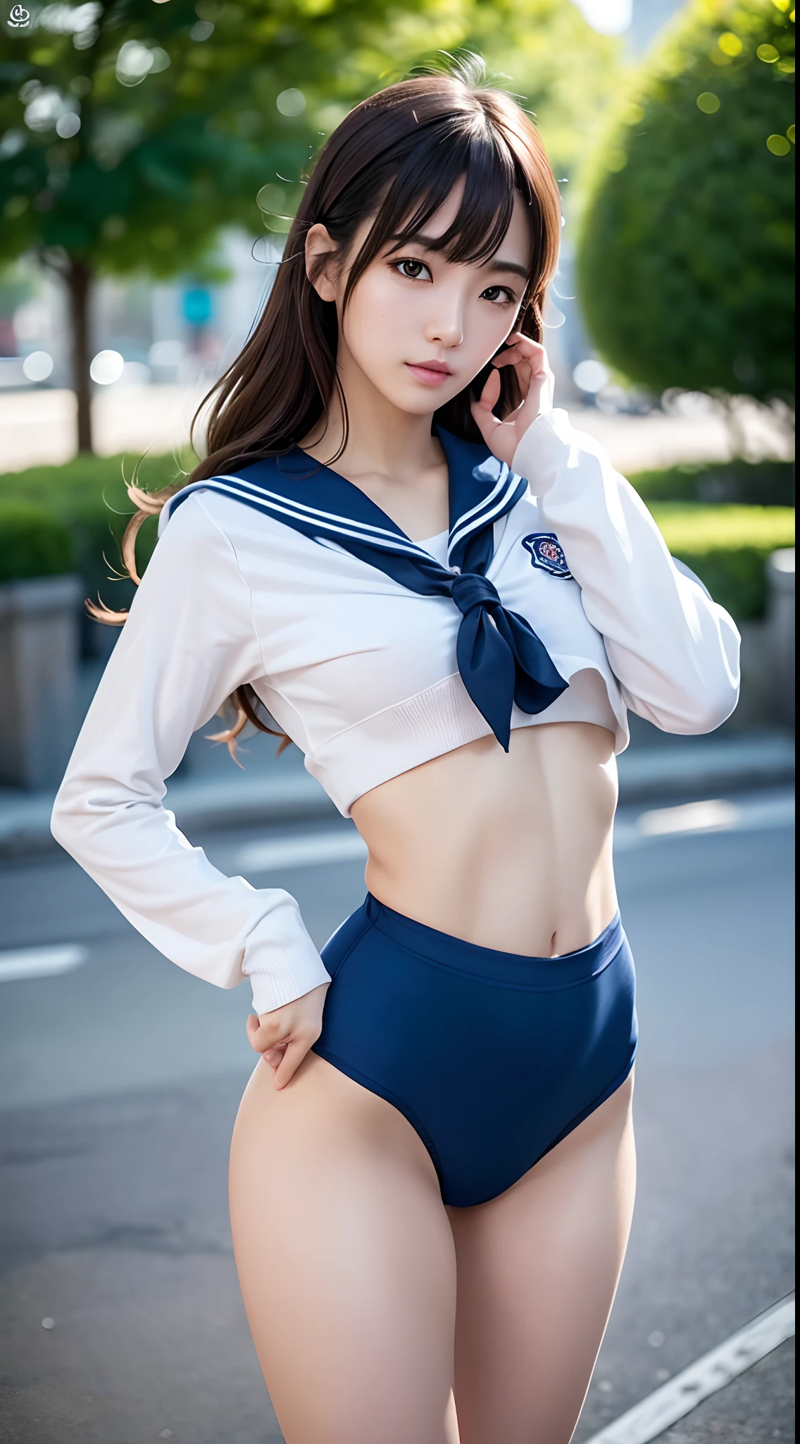 (​masterpiece:1.3), (8K, Photorealsitic, Raw photography, Top image quality: 1.4), japanes, (1girl in), beauitful face, (Lifelike face), Beautiful hairstyle, realisticeyes, Eyes in Beautiful Details, (real looking skin), Beautiful skins, enticing, 超A high resolution, A hyper-realistic, high detailing, the golden ratio, (Detal Face:1.2), see the beholder,masutepiece, Best Quality, Ultra-detailed, finely detail, hight resolution, Composition of the whole body、Open Legs Pose、Bold legs open、Beautiful detailed eyes, fitness wear, Natural Color Lip,Photorealsitic、realisitic、独奏、Photorealsitic、top-quality、extra detailed face、extremely detailed eye and face、beatiful detailed eyes、absurderes、incredibly absurdness、hair messy、Floating hair、Brown hair、Wavy hairstyle、Middle hair、(extremely details CG、8K Picture Wallpaper)、(extremely delicate and beautiful)、(​masterpiece)、(top-quality:1.0)、(超A high resolution:1.0)、beautiful  lighting、perfect lightning bolt、realistic shadow、[hight resolution]、Detailed skin、ultra-detailliert、detailed faces and eyes、Realistic eyes、Sharp pupils、beauitful face、plein air、Downtown Japan、In the hustle and bustle、blurry backround、shinny skin、Blunt bangs、Red Eye、(Sailor Suit 1.2)、Sailor suits have long sleeves、Super high quality photos, The 8k quality, Outdoors, Full body composition, looking in camera, Japan 20-year-old woman, Perfect beauty, Pore-visible texture, Perfect facial features, clear bare skin, clear bare skin, Beautiful toned body, muscular, slender, Poor breasts, Toned buttocks with small breasts、small ass、 Bloomers (Bloomers in Japan School, Seamless design, Monochromatic bloomers, Bloomers are dark blue, tight fitted、Bloomers are elastic fabrics、The length of the bloomer is from the navel３ｃｍThe following degrees, )Legs wide open、、deadpan、(Face turned to the side、)