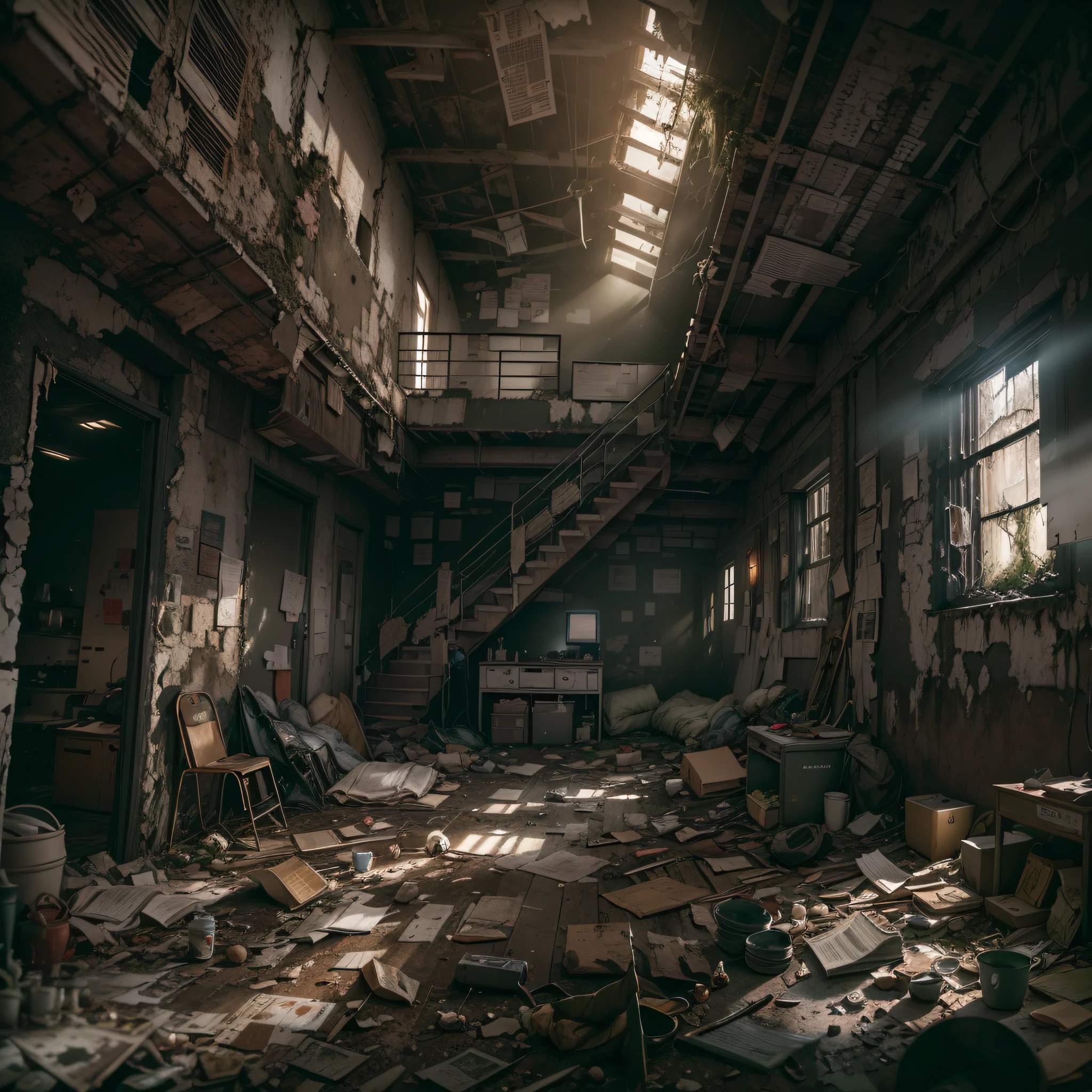 (best quality,4k,8k,highres,masterpiece:1.2),ultra-detailed,(realistic,photorealistic,photo-realistic:1.37),steampunk,apocalyptic,cityscape,abandoned,ruins,hospital ruins,dystopian,futuristic,dark atmosphere,towering buildings,wreckage,wires hanging,smoke-filled skies,overgrown vegetation,desolate streets,crumbling architecture,blackened walls,weeds sprouting,debris strewn,decaying furniture,disused medical equipment,broken windows,shattered glass,ominous shadows,desperation,dust-covered floors,dimly lit corridors,haunting silence,lost hope,disease epidemic,desperate survivors,empty hospital beds,salvaged technology,improvised living spaces,post-apocalyptic fashion,trench coats,leather goggles,gas masks,cybernetic limbs,metallic prosthetics,gears and cogs,brass accents,steam-powered machinery,contraptions,mechanical marvels,flickering streetlights,gloomy ambiance,sepia-toned color palette,god rays streaming through broken ceilings,harsh contrast,moody lighting.