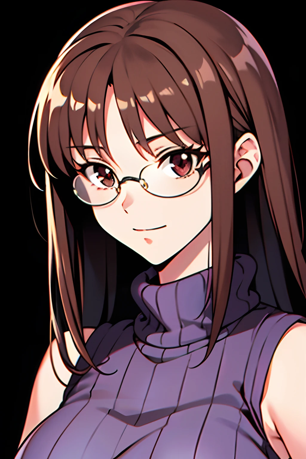 Akiha tohno \(tsukihime\), akiha tohno, tsukihime, (masutepiece, Highest Quality), Beautiful and aesthetic, 1girl, Idol, Elegant, (************), dark brown hair, Portrait, ldightsmile, (Sleeveless knitwear), Entire upper body, Simple background, big round retro glasses