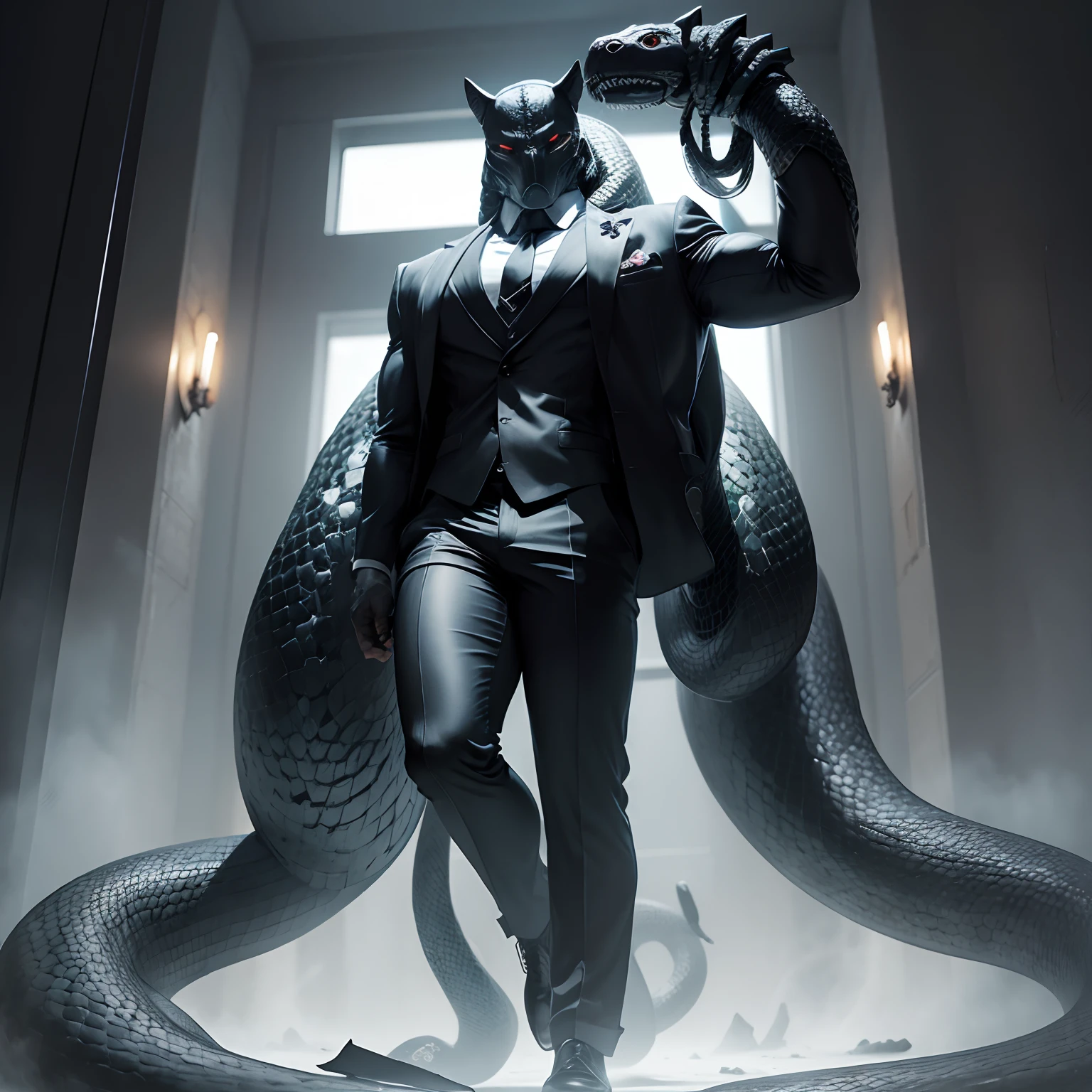 Humanoid snake muscled , with a snake's head black with a tail with 2 huge arms , in suit with a tie , full body
