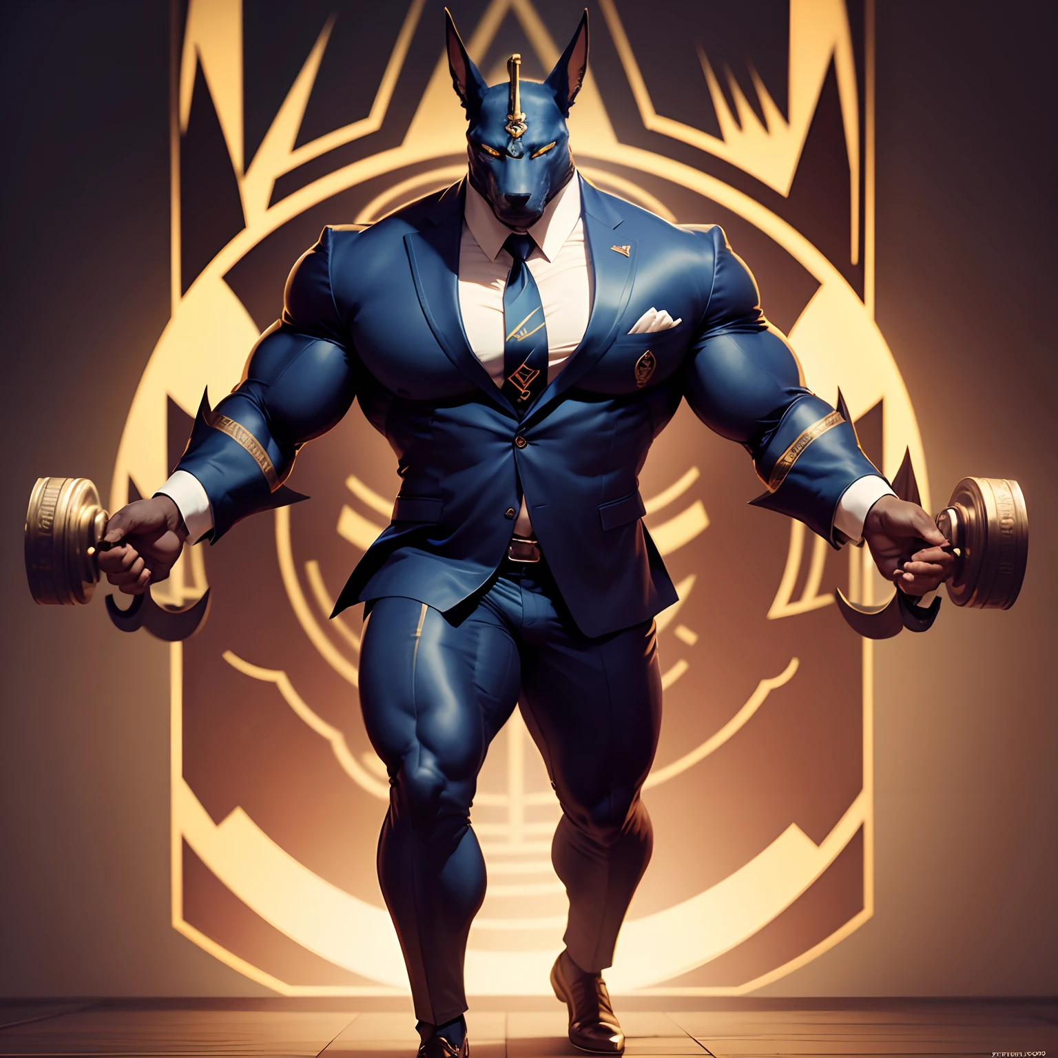 Anubis the egyptian god muscled with huge torso , huge arms ,huge pecs , huge lesgs , in suit with a tie like bodyguard outfit , full body