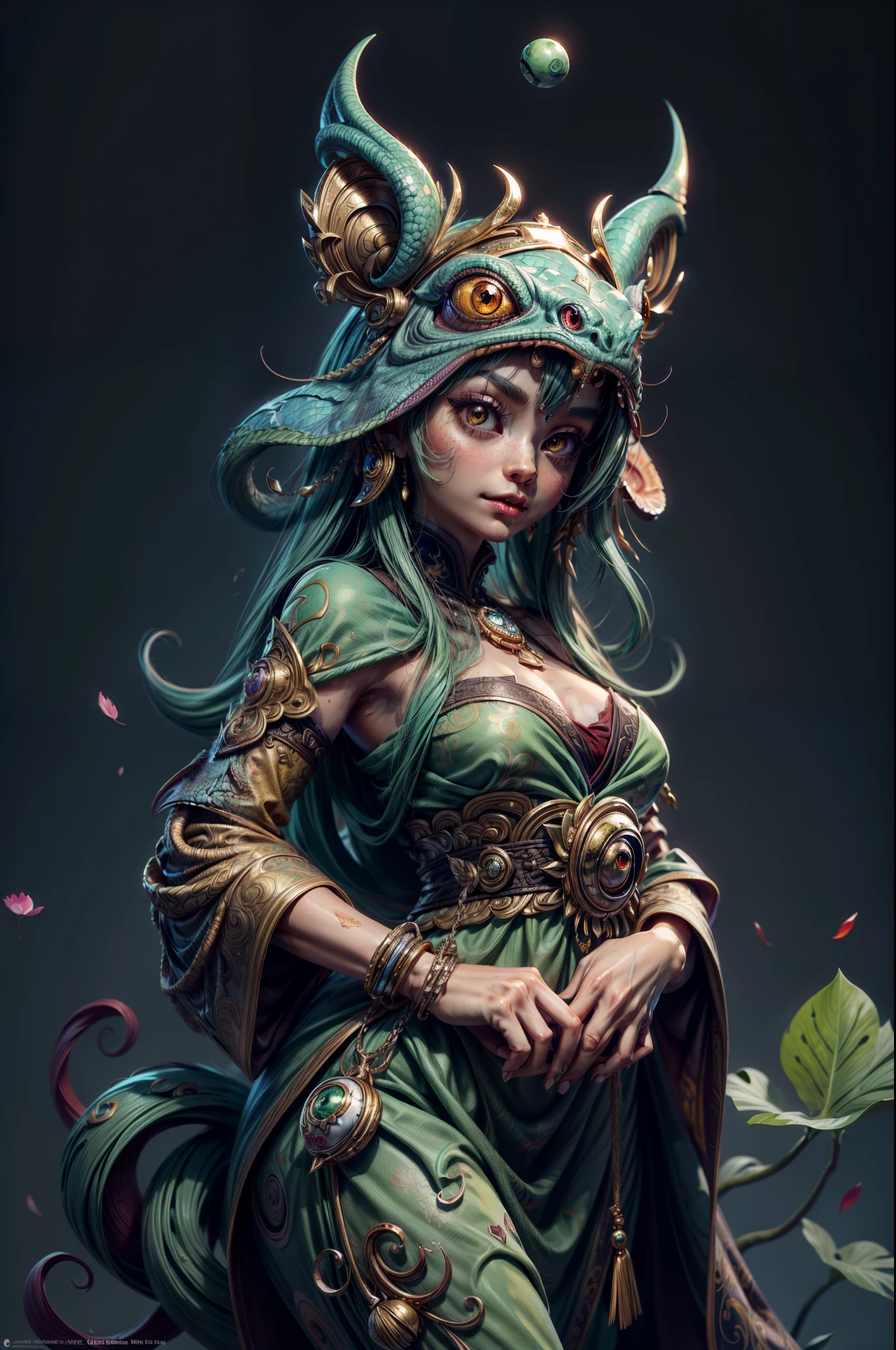 There is a chameleon that is dressed as a plant, Guanyin Bodhisattva，Female Bodhisattva，The eyebrows are like Satsuki，The eyes resemble double stars，The jade face is naturally joyful，Vermilion's lips were a little red，Sit on a huge lotus leaf，(nsfw: 1.5) (: 1.5), pubicLindo arte digital detallado, Adorable pintura digital, Lindo arte digital, lindas ilustraciones detalladas, Linda criatura del bosque, furry fantasy art, Teemo, Teemo de League of Legends, linda criatura, Arte digital detallado 4K, linda criatura, Arte digital 4K altamente detallado, Anthropomorphic chameleon